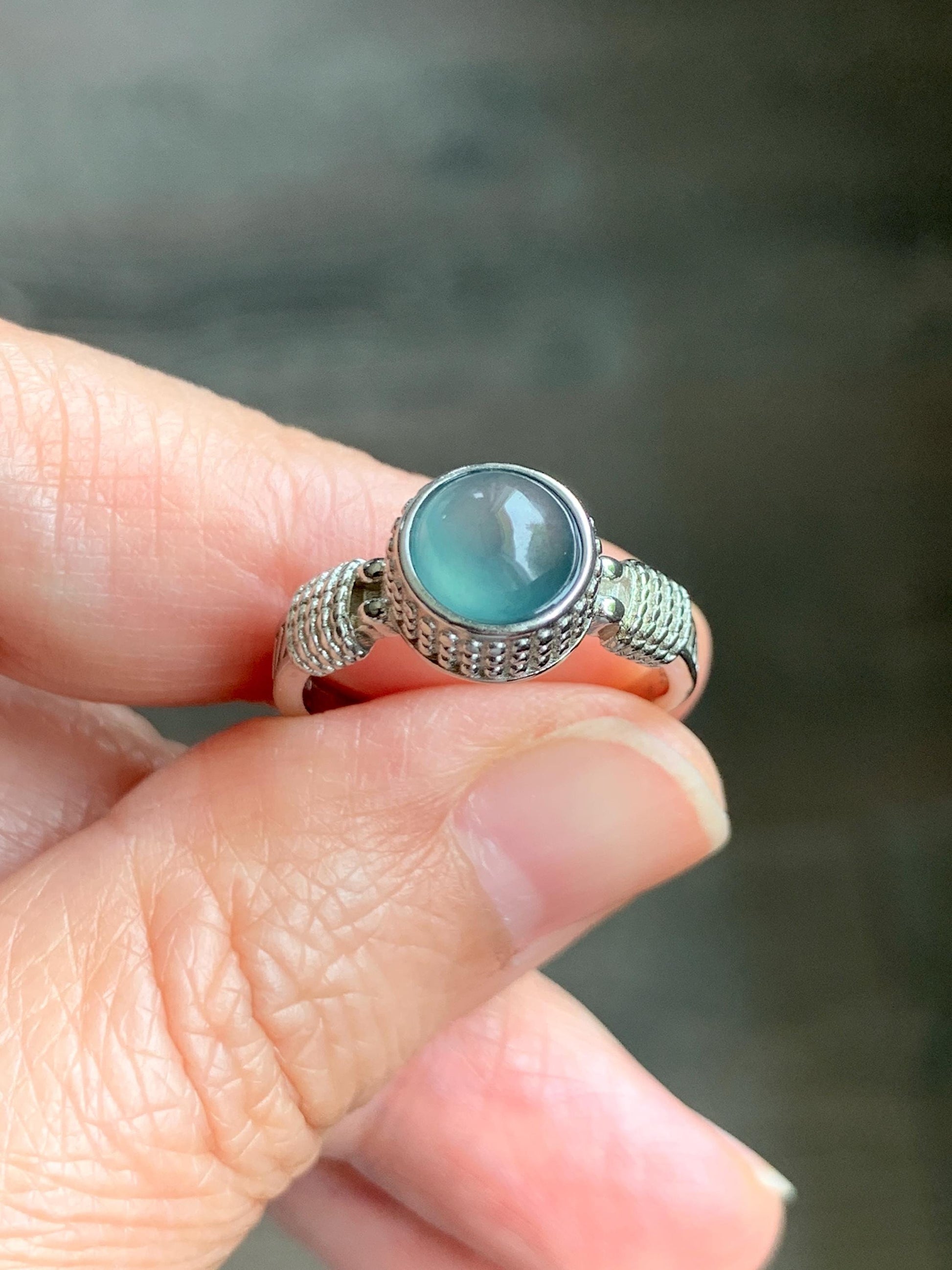 Natural Grade A Guatemalan Icy Highly Translucent Teal Blue Jade Jadeite Ring Sterling Silver Size Adjustable 天然冰危蓝绿翡翠银镶戒指 WLU96