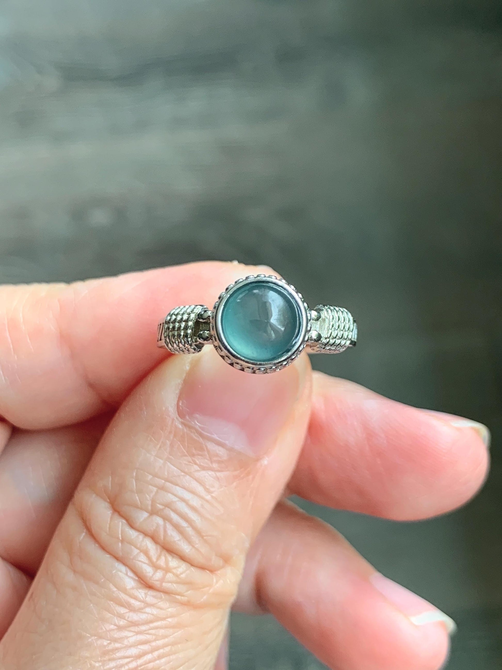 Natural Grade A Guatemalan Icy Highly Translucent Teal Blue Jade Jadeite Ring Sterling Silver Size Adjustable 天然冰危蓝绿翡翠银镶戒指 WLU96