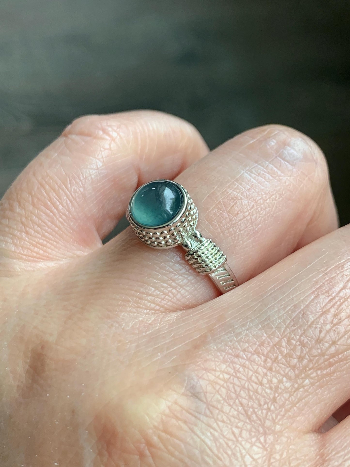 Natural Grade A Guatemalan Icy Highly Translucent Teal Blue Jade Jadeite Ring Sterling Silver Size Adjustable 天然冰危蓝绿翡翠银镶戒指 WLU96