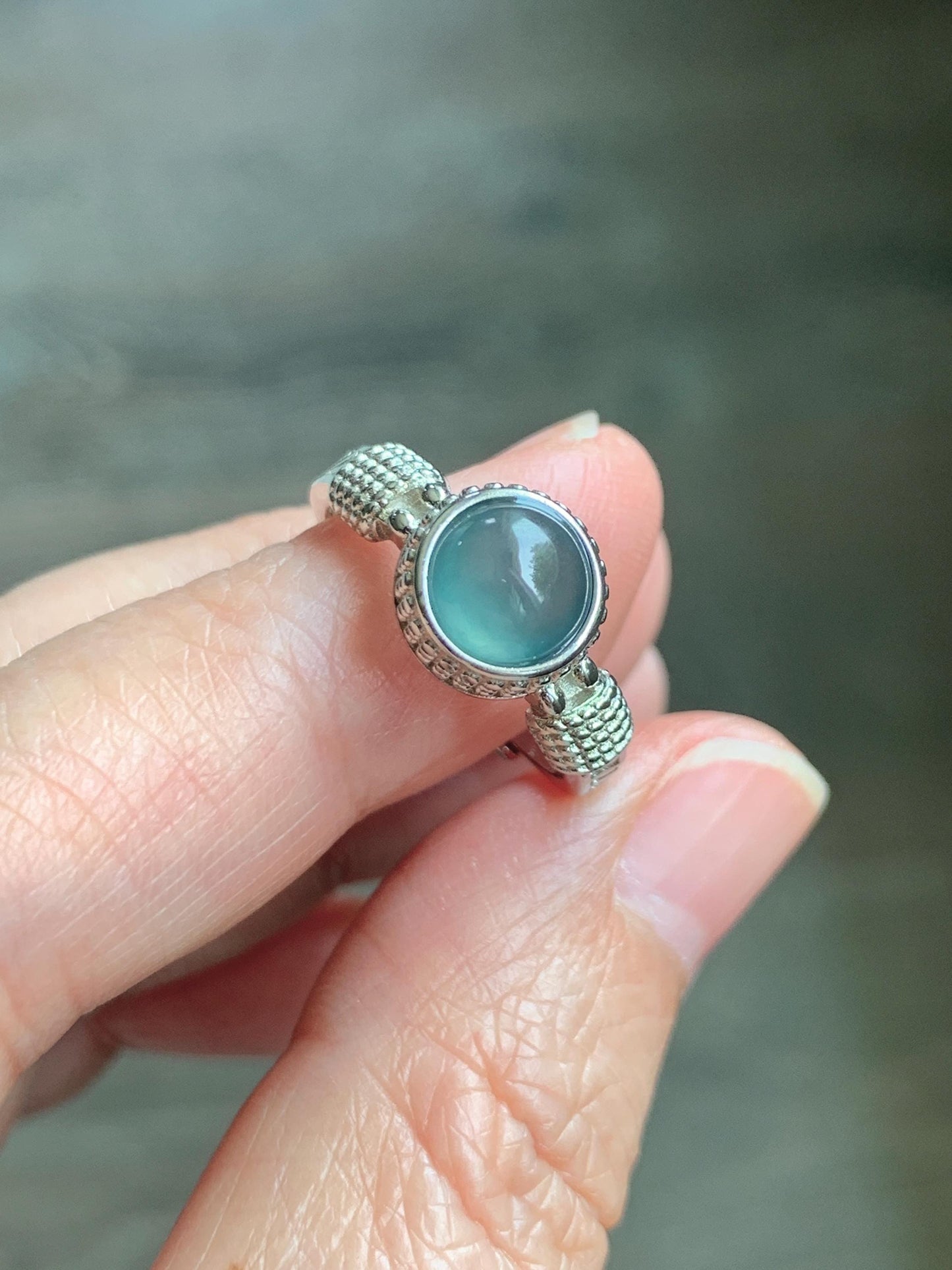 Natural Grade A Guatemalan Icy Highly Translucent Teal Blue Jade Jadeite Ring Sterling Silver Size Adjustable 天然冰危蓝绿翡翠银镶戒指 WLU96