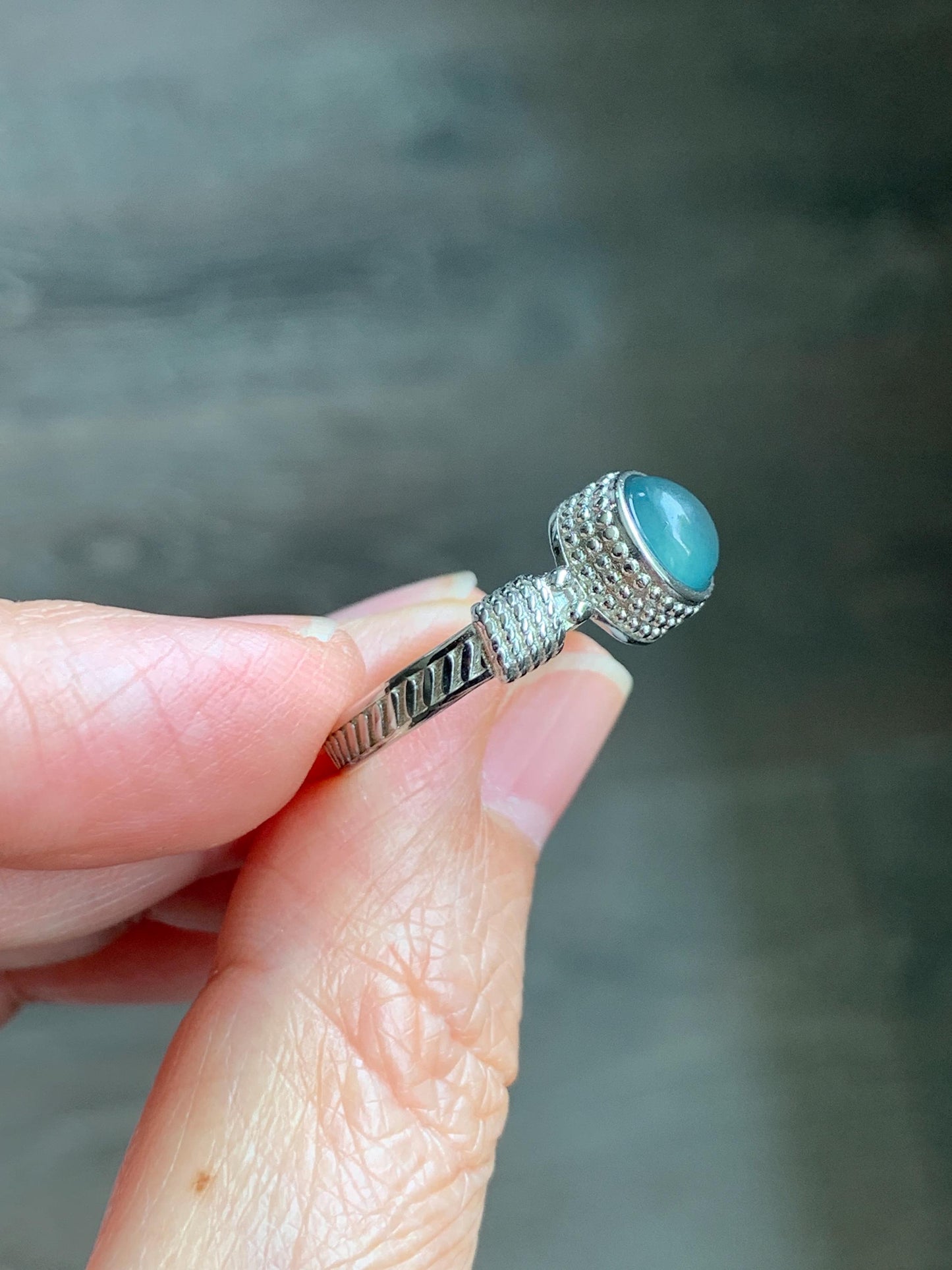 Natural Grade A Guatemalan Icy Highly Translucent Teal Blue Jade Jadeite Ring Sterling Silver Size Adjustable 天然冰危蓝绿翡翠银镶戒指 WLU96