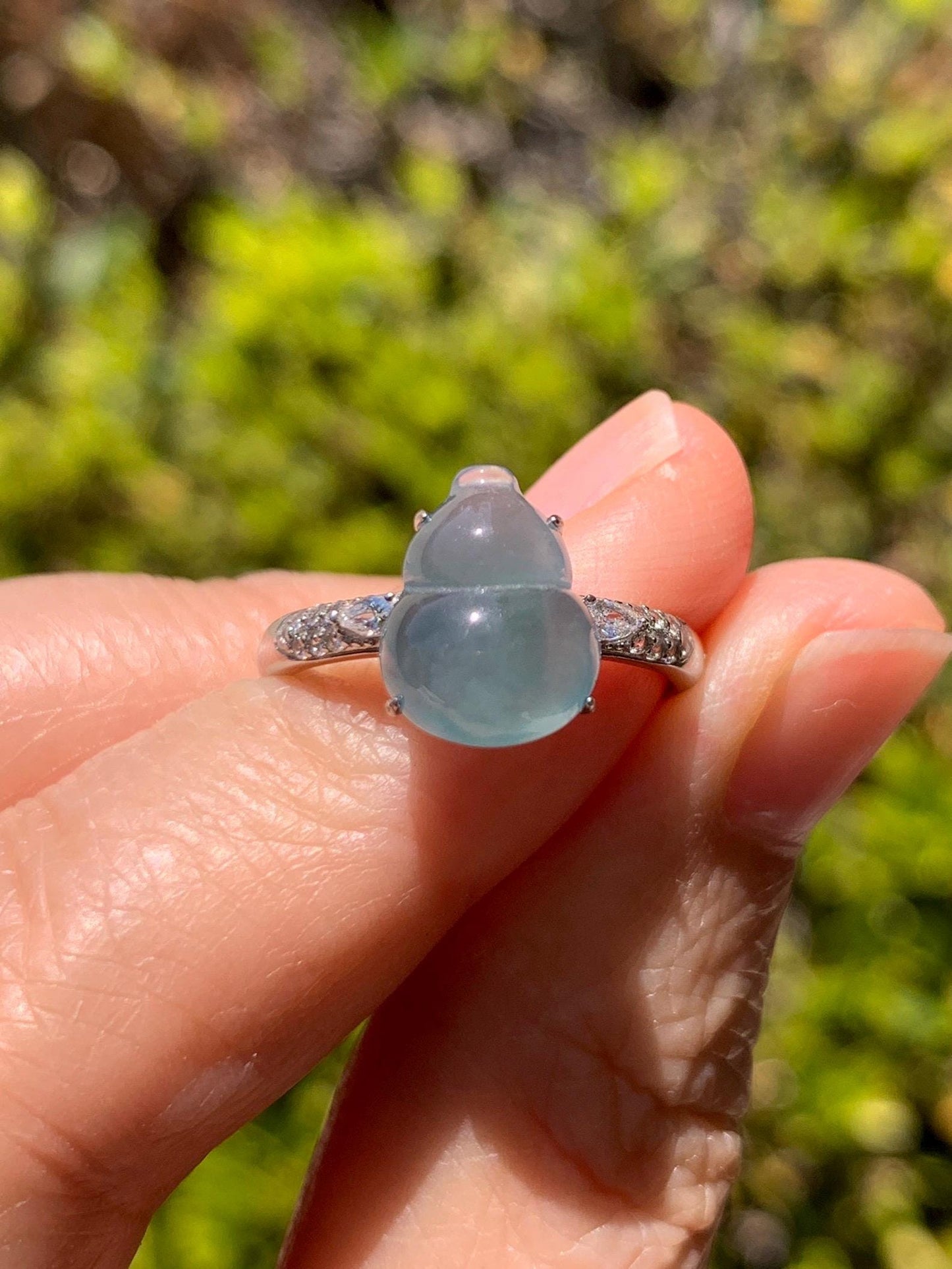Natural Grade A Guatemalan Icy Translucent Dusty Teal Blue Jade Jadeite Gourd Hulu Ring Sterling Silver Size Adjustable 天然冰危蓝翡翠葫芦戒指 WXG96