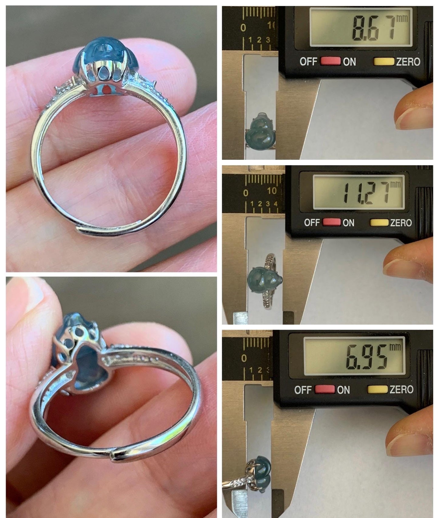 Natural Grade A Guatemalan Icy Translucent Dusty Teal Blue Jade Jadeite Gourd Hulu Ring Sterling Silver Size Adjustable 天然冰危蓝翡翠葫芦戒指 WXG96