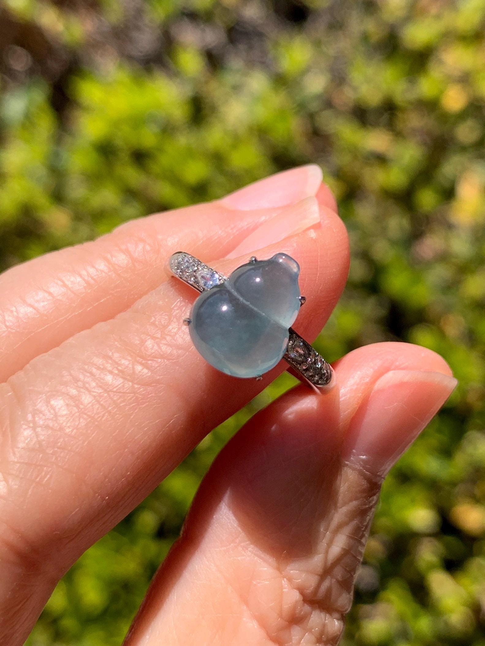 Natural Grade A Guatemalan Icy Translucent Dusty Teal Blue Jade Jadeite Gourd Hulu Ring Sterling Silver Size Adjustable 天然冰危蓝翡翠葫芦戒指 WXG96
