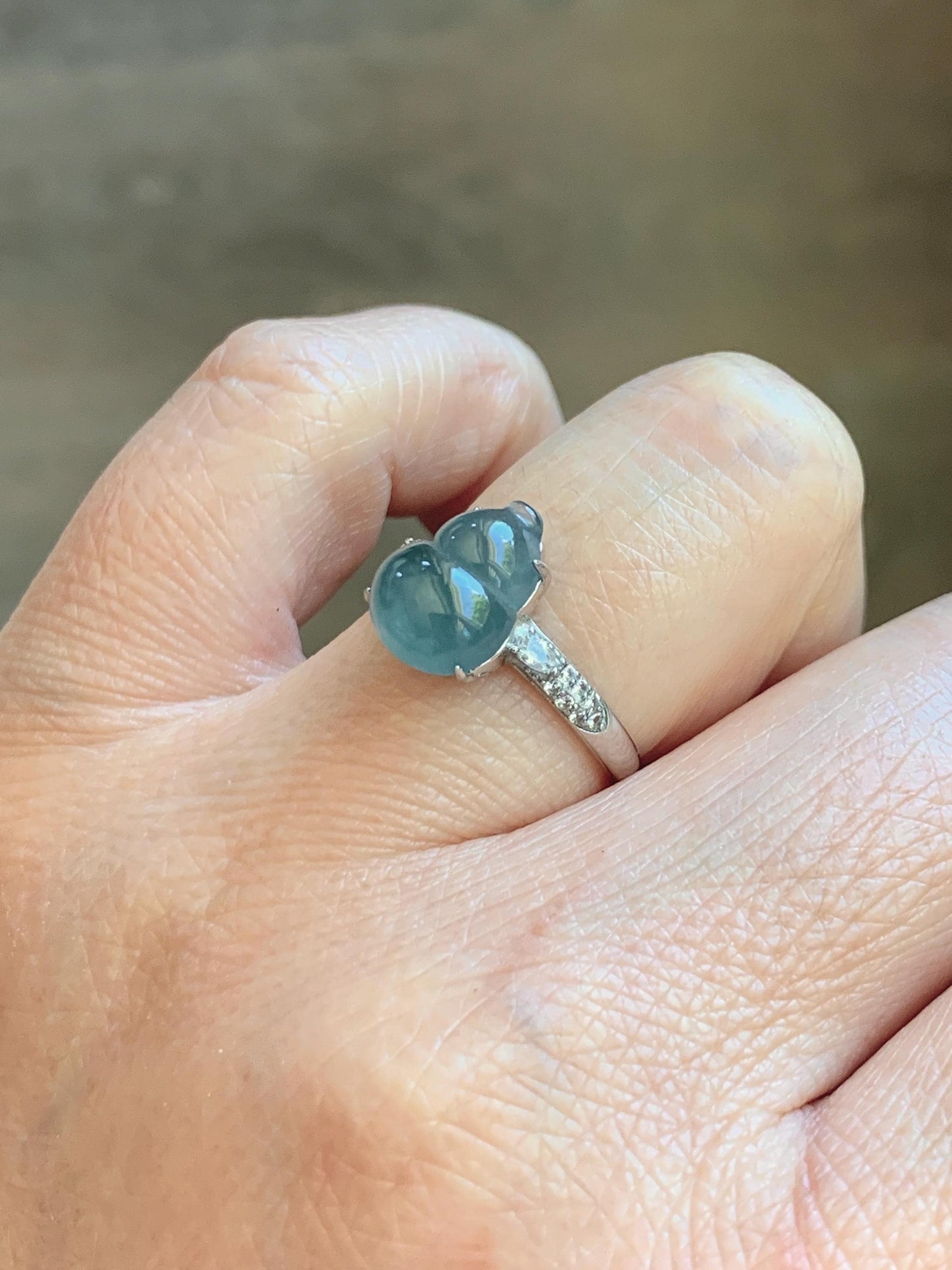 Natural Grade A Guatemalan Icy Translucent Dusty Teal Blue Jade Jadeite Gourd Hulu Ring Sterling Silver Size Adjustable 天然冰危蓝翡翠葫芦戒指 WXG96