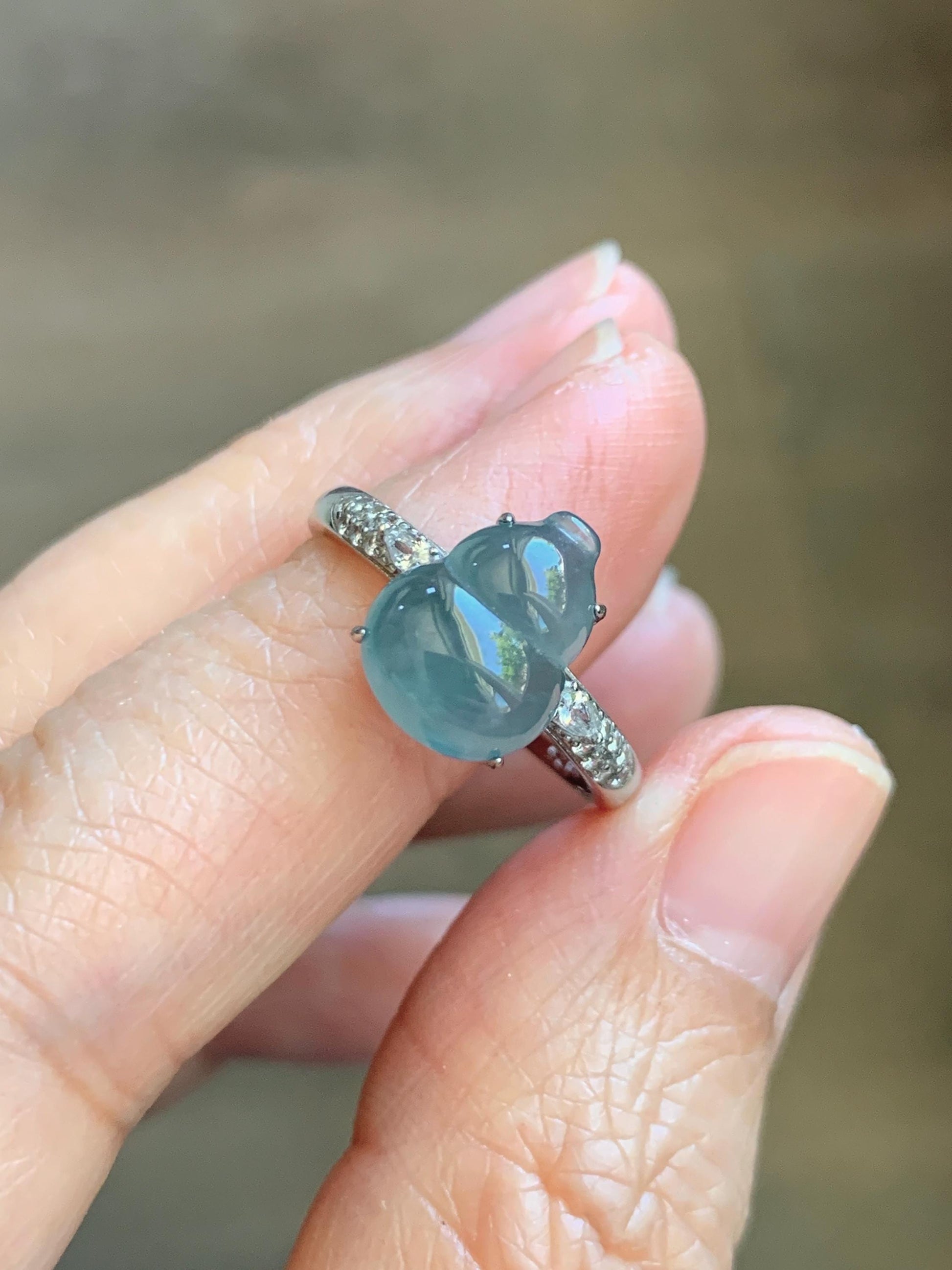 Natural Grade A Guatemalan Icy Translucent Dusty Teal Blue Jade Jadeite Gourd Hulu Ring Sterling Silver Size Adjustable 天然冰危蓝翡翠葫芦戒指 WXG96