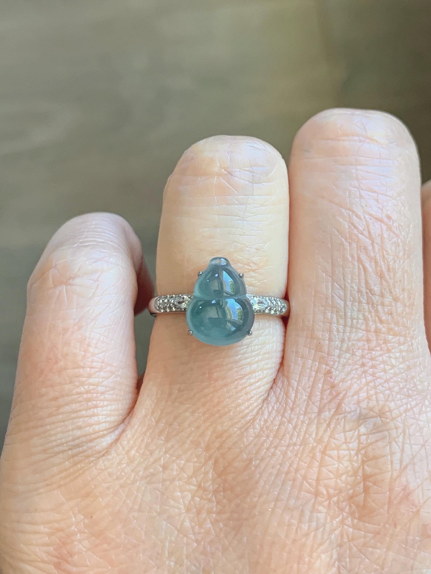 Natural Grade A Guatemalan Icy Translucent Dusty Teal Blue Jade Jadeite Gourd Hulu Ring Sterling Silver Size Adjustable 天然冰危蓝翡翠葫芦戒指 WXG96