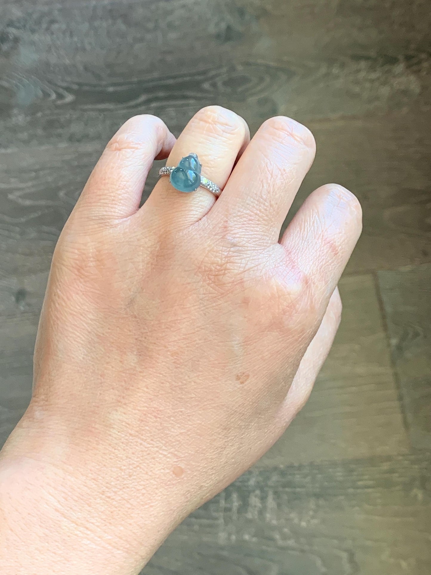Natural Grade A Guatemalan Icy Translucent Dusty Teal Blue Jade Jadeite Gourd Hulu Ring Sterling Silver Size Adjustable 天然冰危蓝翡翠葫芦戒指 WXG96