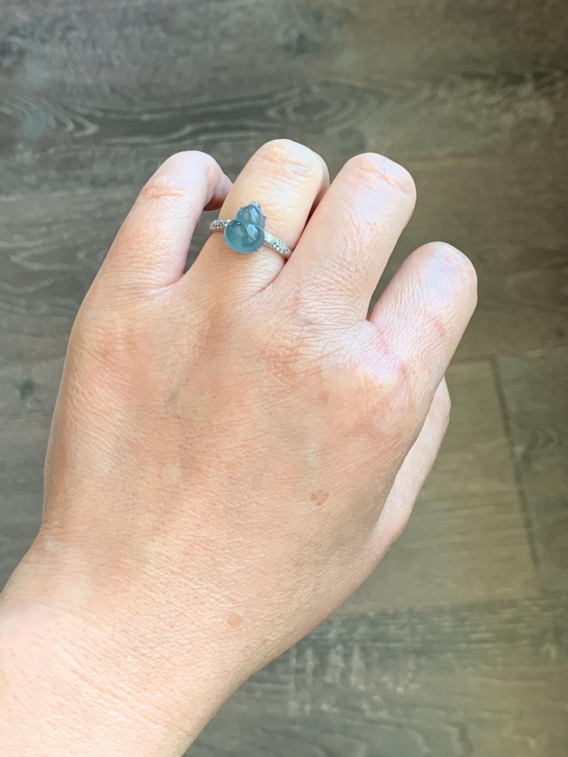 Natural Grade A Guatemalan Icy Translucent Dusty Teal Blue Jade Jadeite Gourd Hulu Ring Sterling Silver Size Adjustable 天然冰危蓝翡翠葫芦戒指 WXG96