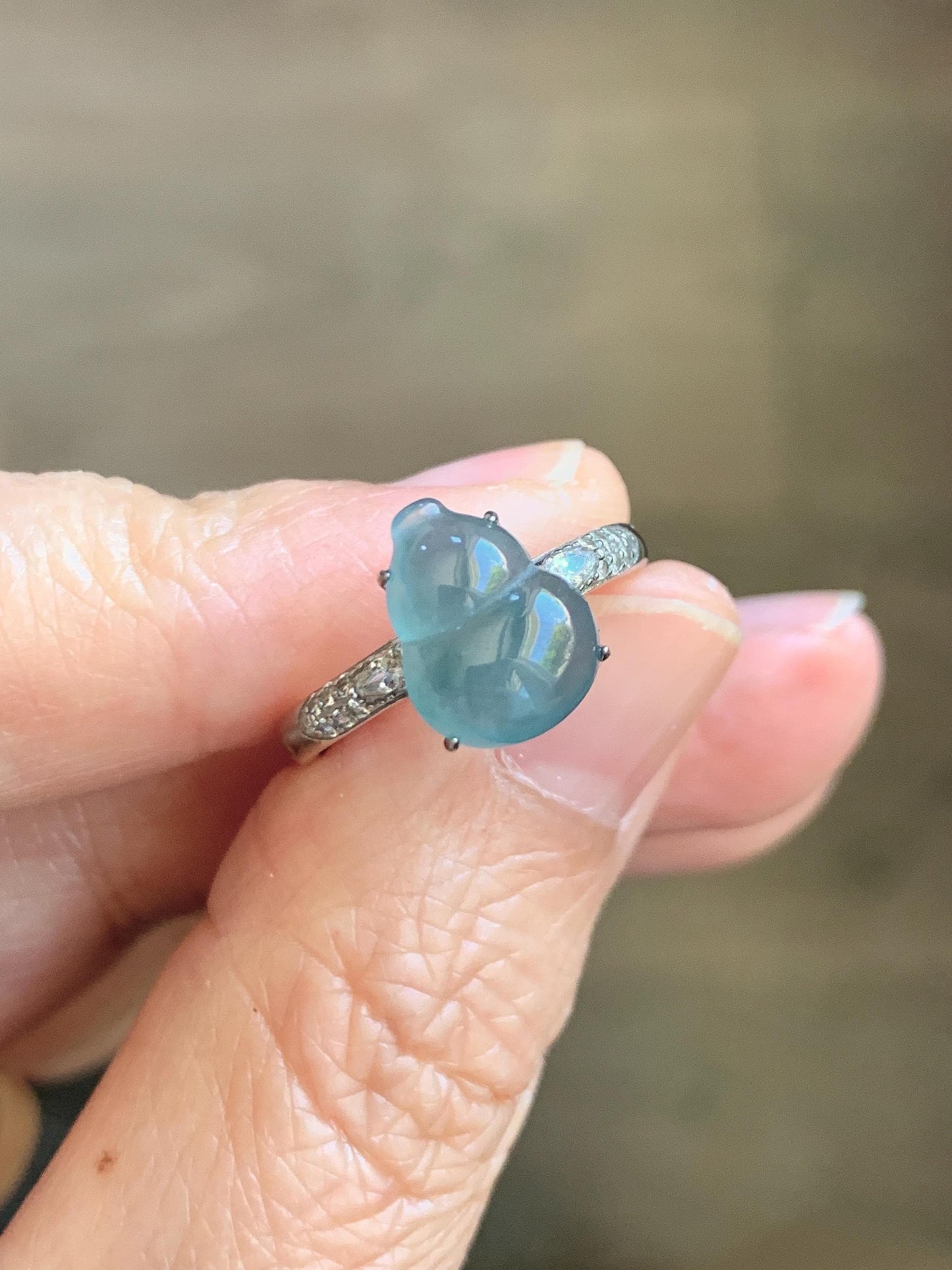 Natural Grade A Guatemalan Icy Translucent Dusty Teal Blue Jade Jadeite Gourd Hulu Ring Sterling Silver Size Adjustable 天然冰危蓝翡翠葫芦戒指 WXG96