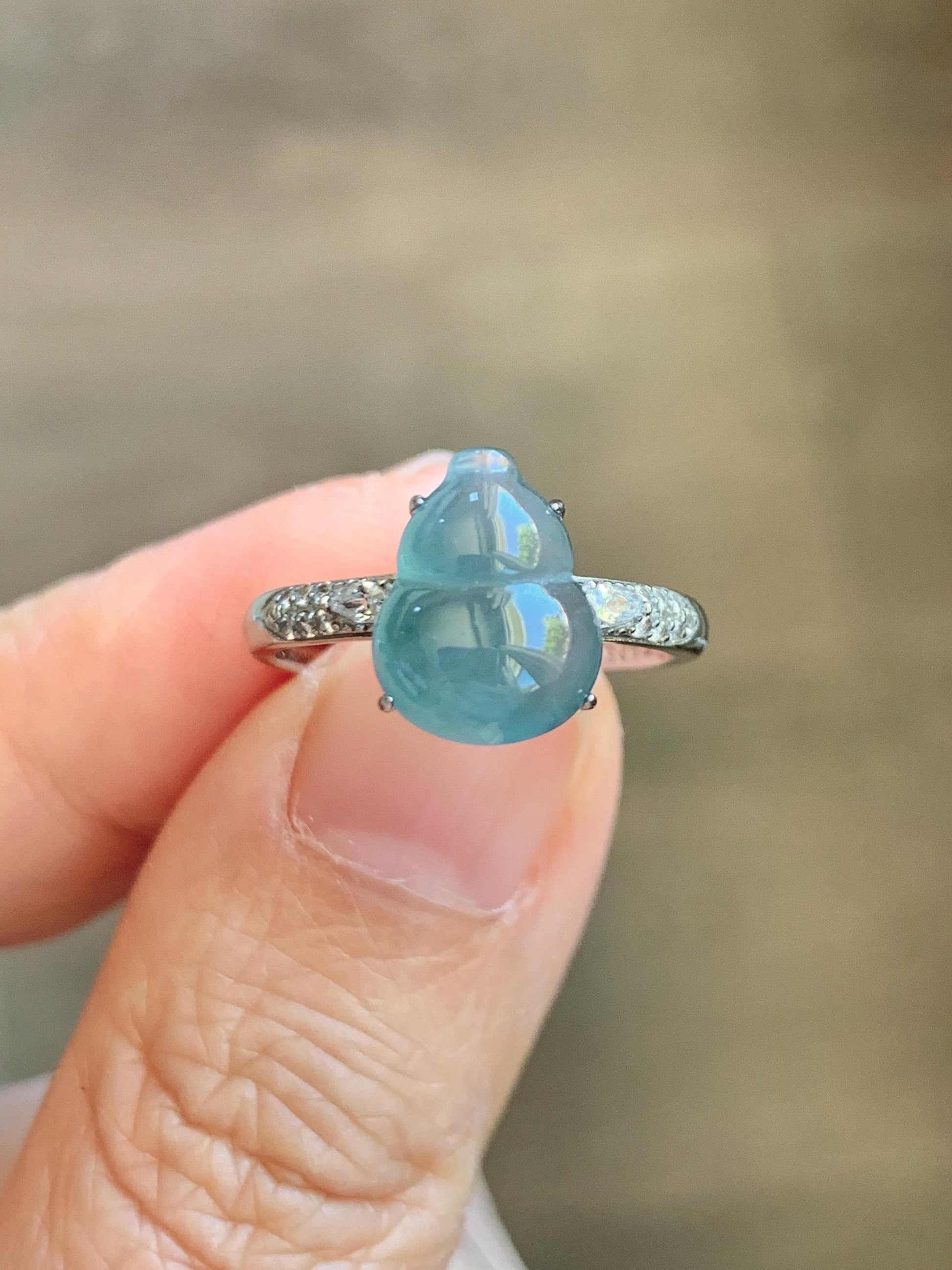 Natural Grade A Guatemalan Icy Translucent Dusty Teal Blue Jade Jadeite Gourd Hulu Ring Sterling Silver Size Adjustable 天然冰危蓝翡翠葫芦戒指 WXG96