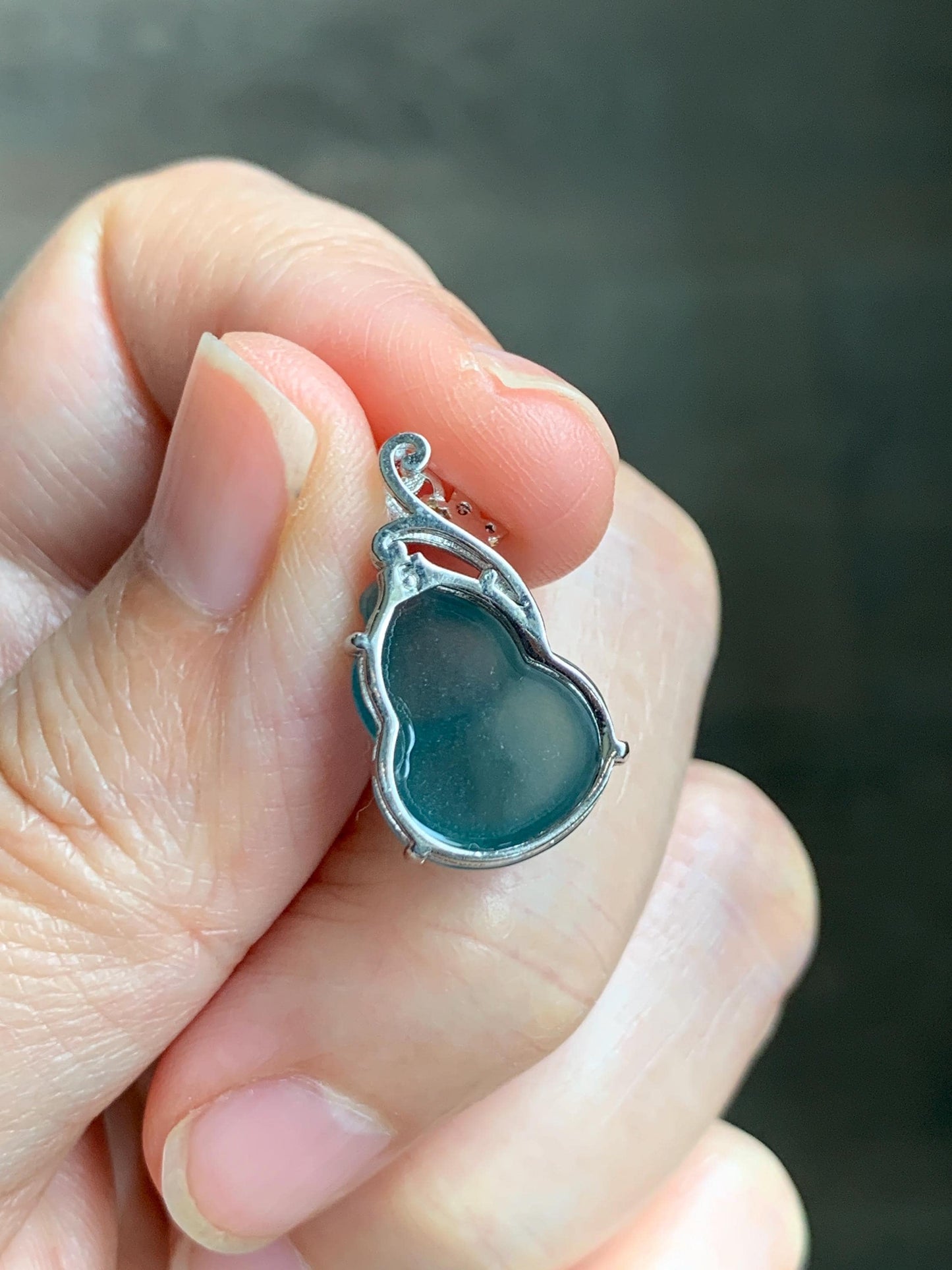 Natural Grade A Guatemalan Icy Translucent Dark Dusty Teal Blue Jade Jadeite Gourd Hulu Pendant Sterling Silver 天然冰危暗蓝绿翡翠葫芦吊坠 WHL240D