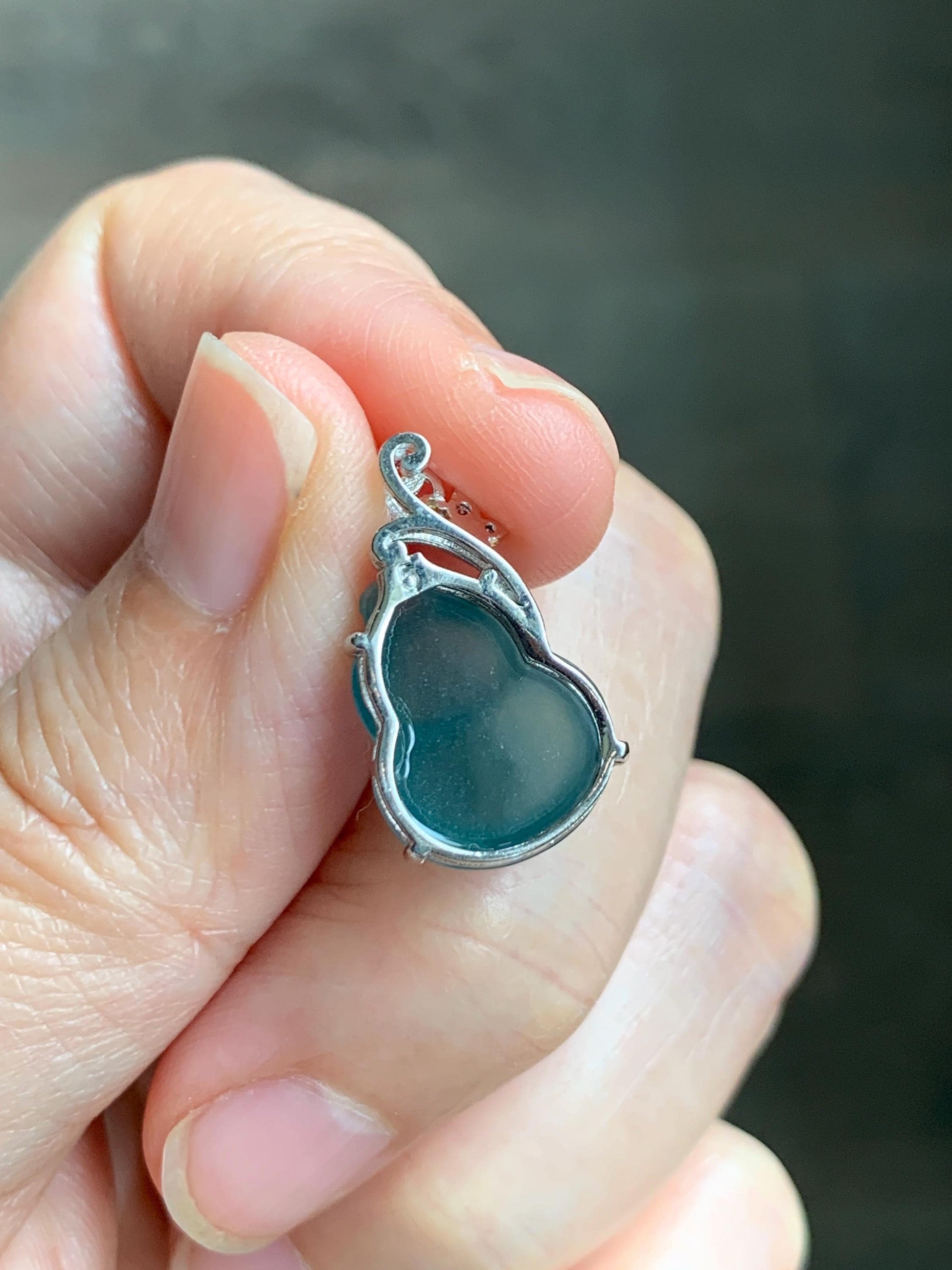 Natural Grade A Guatemalan Icy Translucent Dark Dusty Teal Blue Jade Jadeite Gourd Hulu Pendant Sterling Silver 天然冰危暗蓝绿翡翠葫芦吊坠 WHL240D