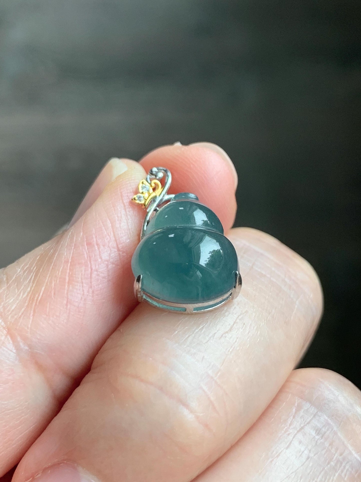 Natural Grade A Guatemalan Icy Translucent Dark Dusty Teal Blue Jade Jadeite Gourd Hulu Pendant Sterling Silver 天然冰危暗蓝绿翡翠葫芦吊坠 WHL240D