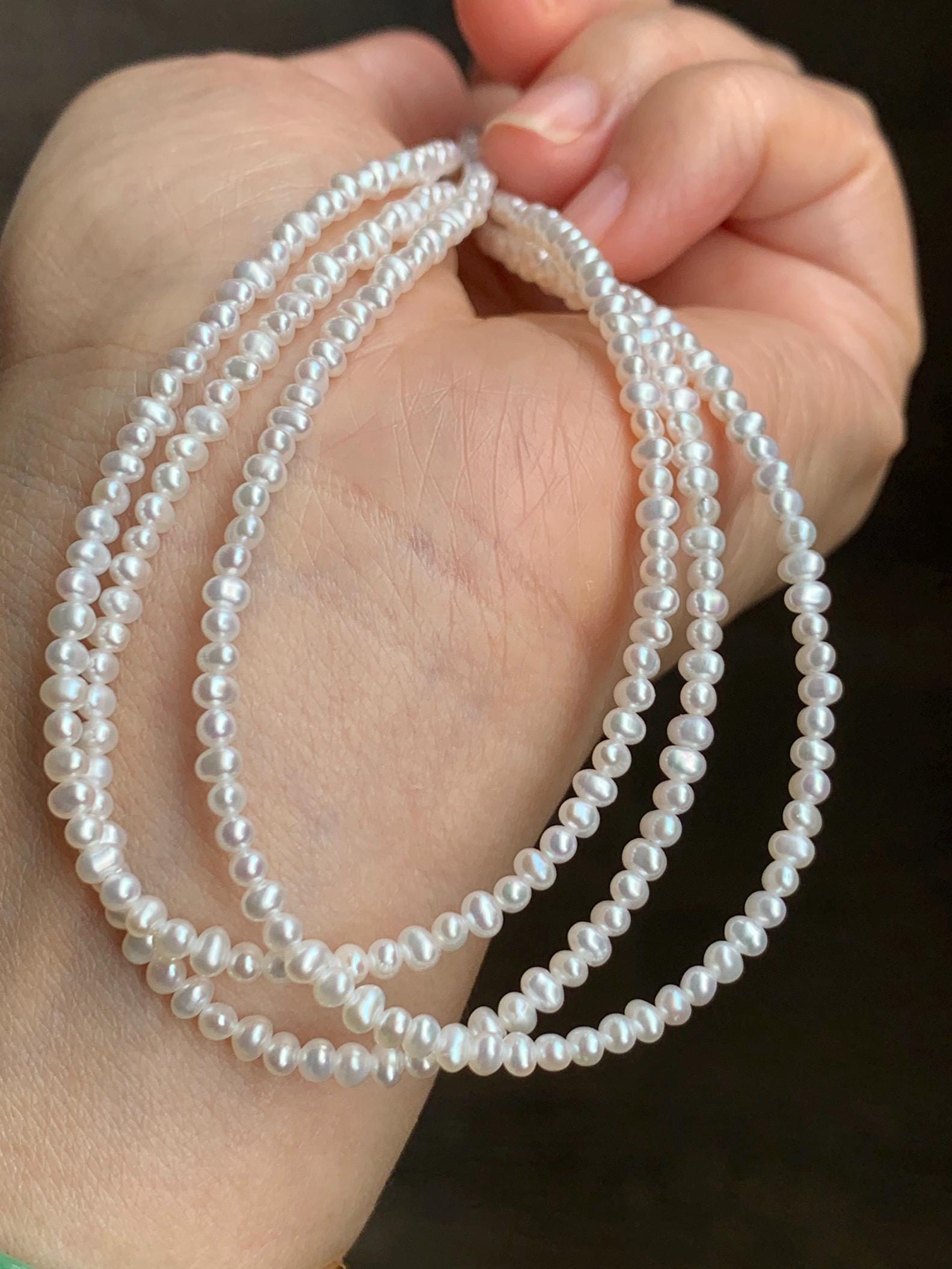 Natural Freshwater All-Nacre High Luster White Petite Pearls Beaded Necklace Sterling Silver 2.6x3.5mm 15.75”-16.5” 6g 天然淡水无核极光白珍珠项链 DSM420