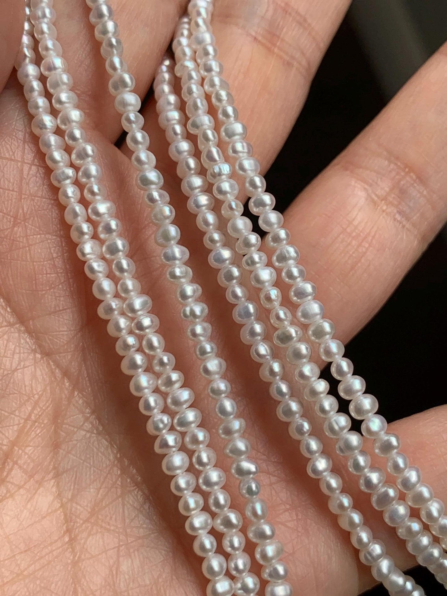 Natural Freshwater All-Nacre High Luster White Petite Pearls Beaded Necklace Sterling Silver 2.6x3.5mm 15.75”-16.5” 6g 天然淡水无核极光白珍珠项链 DSM420