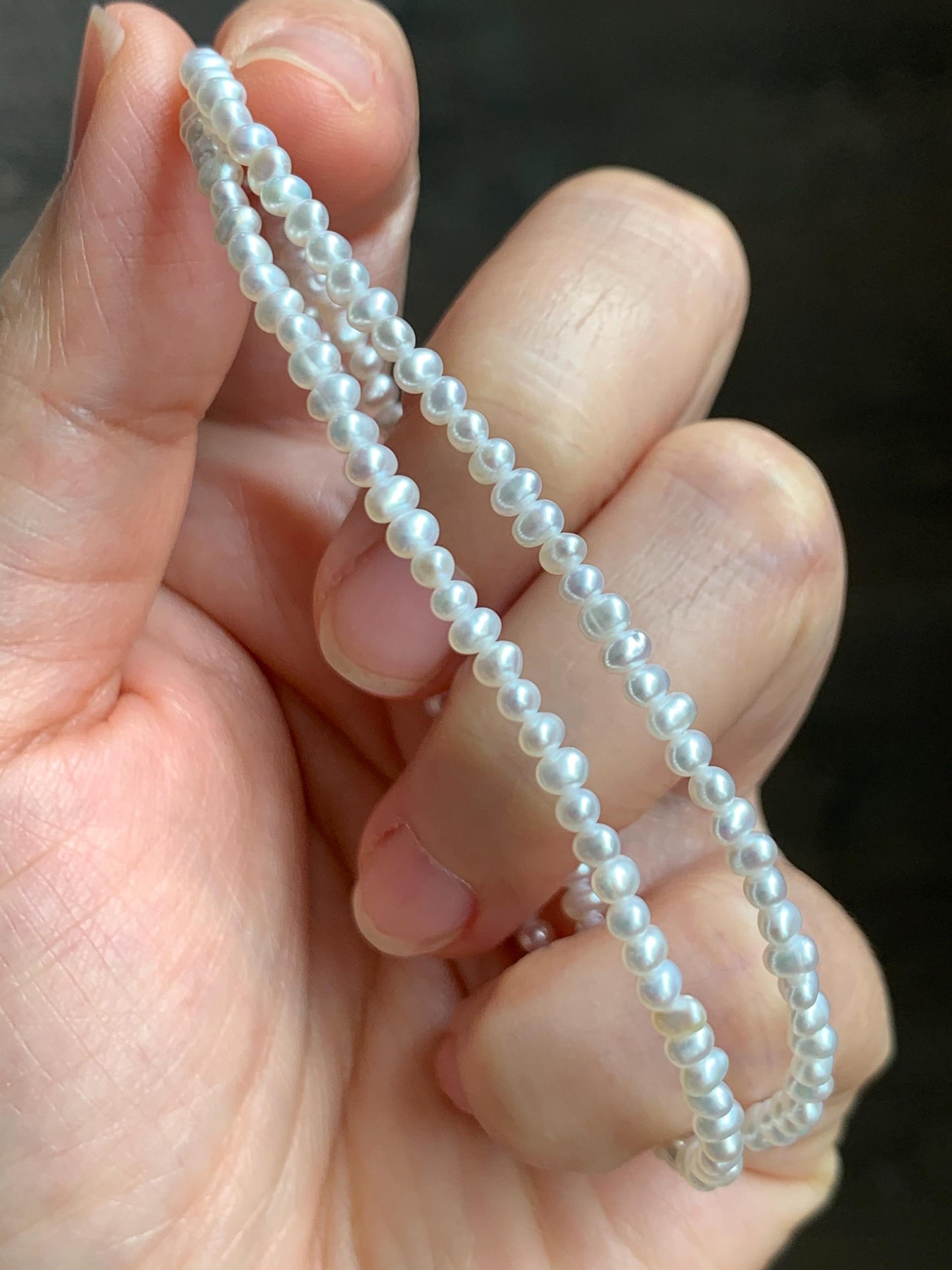 Natural Freshwater All-Nacre High Luster White Petite Pearls Beaded Necklace Sterling Silver 2.6x3.5mm 15.75”-16.5” 6g 天然淡水无核极光白珍珠项链 DSM420