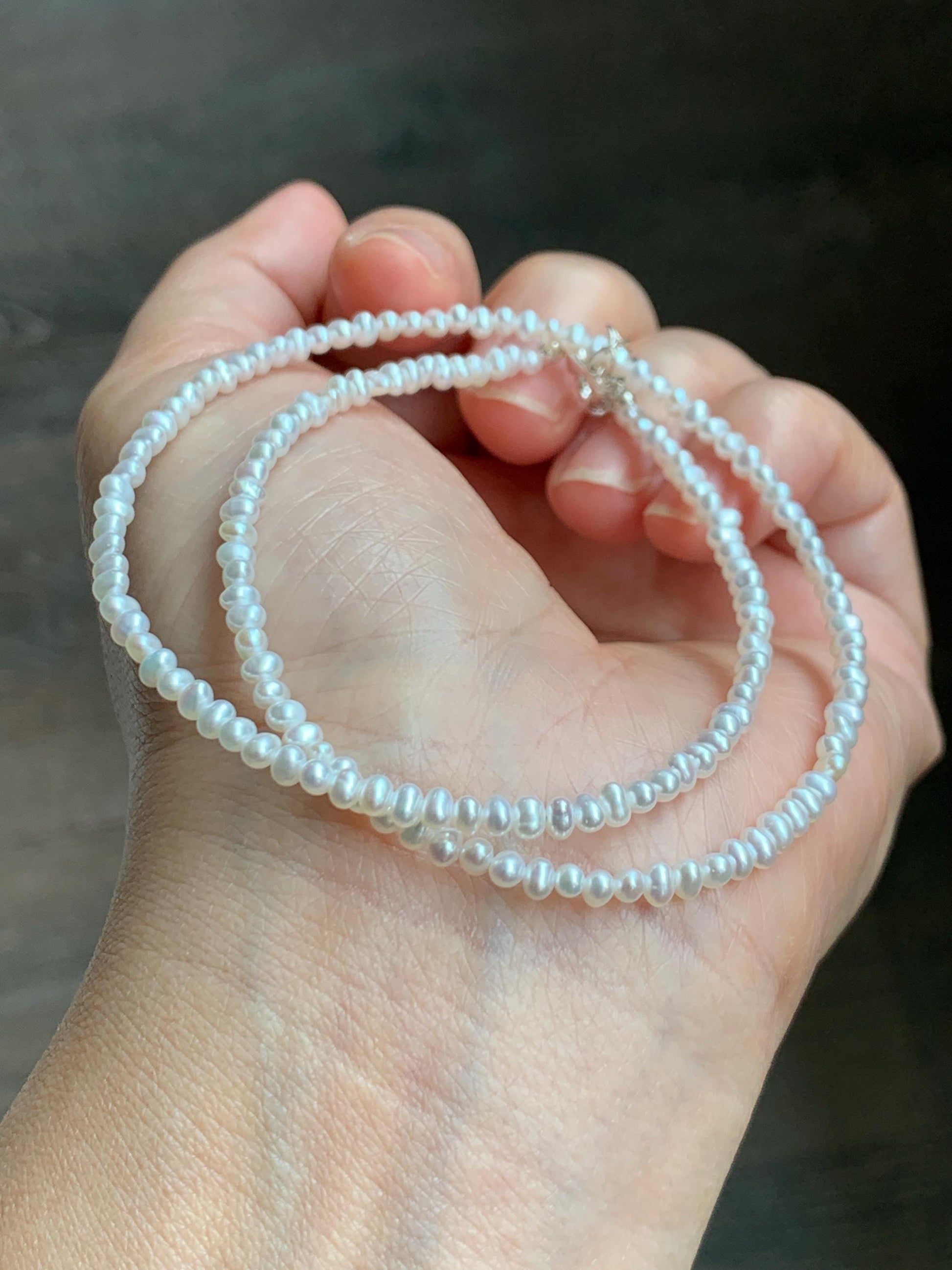 Natural Freshwater All-Nacre High Luster White Petite Pearls Beaded Necklace Sterling Silver 2.6x3.5mm 15.75”-16.5” 6g 天然淡水无核极光白珍珠项链 DSM420