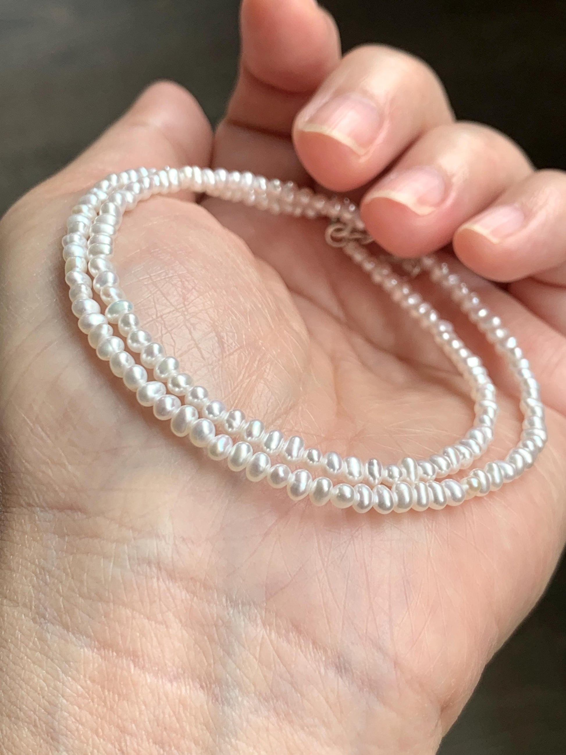 Natural Freshwater All-Nacre High Luster White Petite Pearls Beaded Necklace Sterling Silver 2.6x3.5mm 15.75”-16.5” 6g 天然淡水无核极光白珍珠项链 DSM420