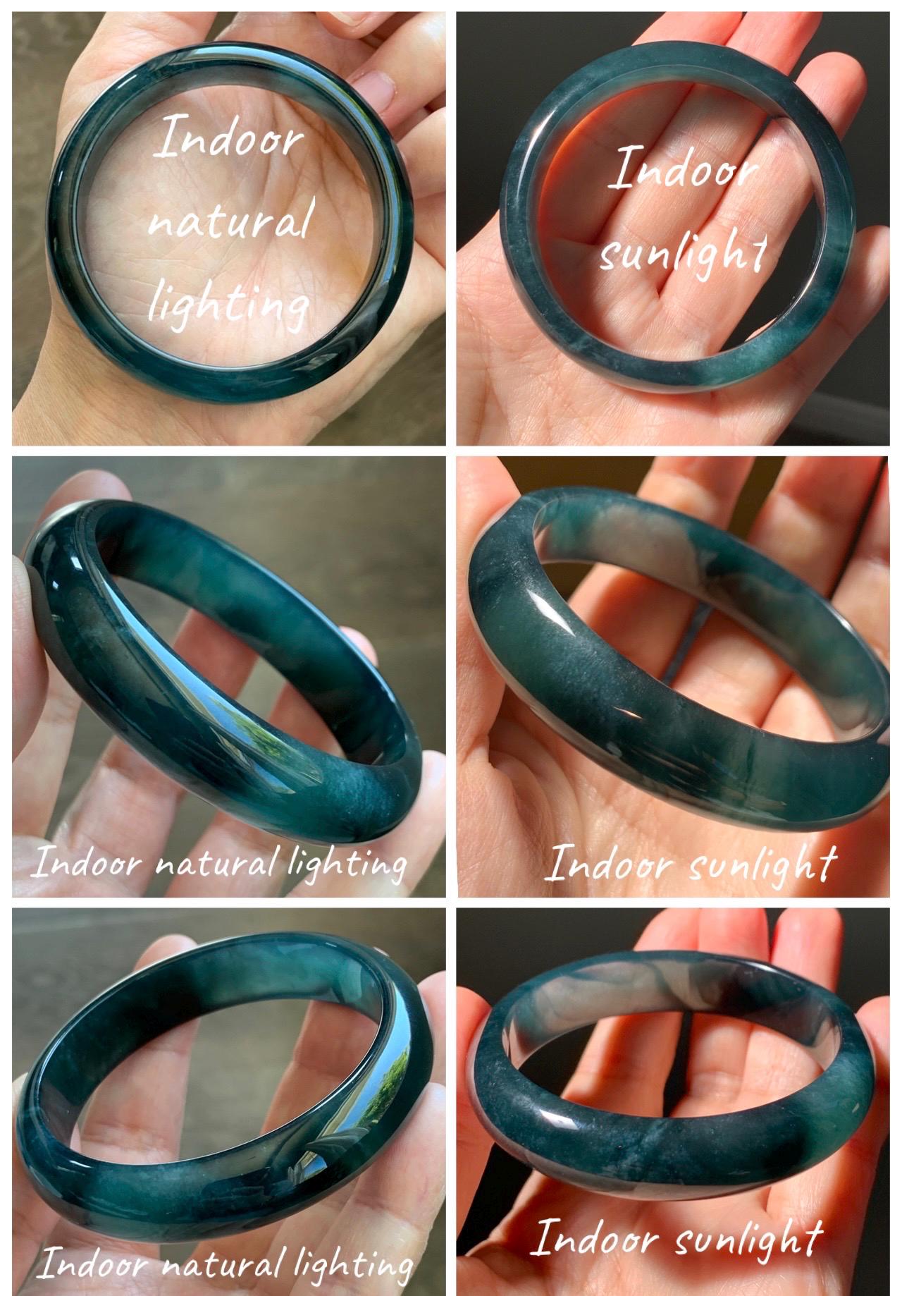 Certified Natural Grade A Guatemalan Icy Translucent Dark Teal Green Jade Jadeite Wide Bangle 55.37mm 6.84” 46.42g 天然冰危深蓝绿翡翠正圈宽版手镯 1205