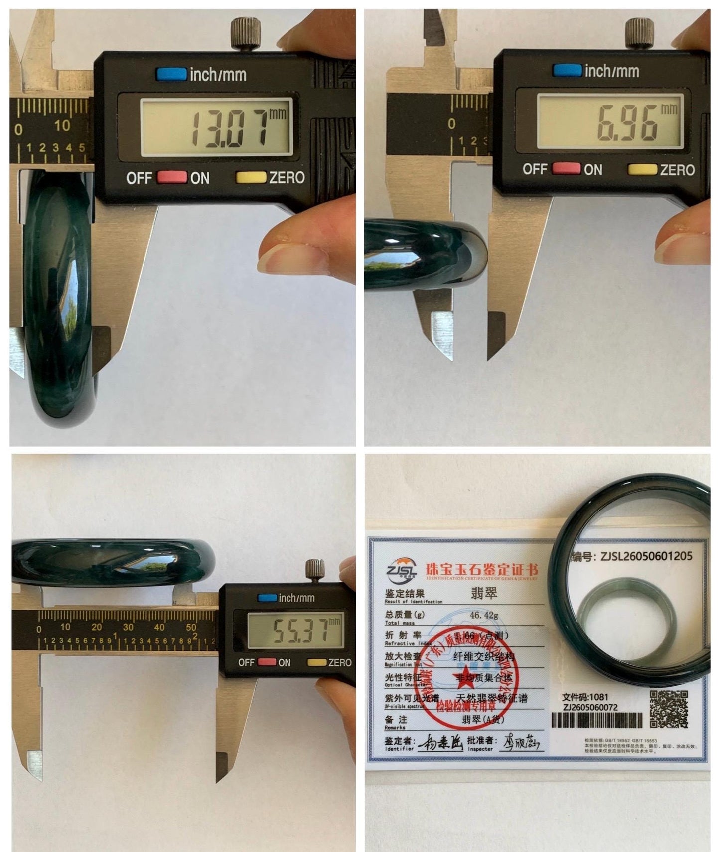 Certified Natural Grade A Guatemalan Icy Translucent Dark Teal Green Jade Jadeite Wide Bangle 55.37mm 6.84” 46.42g 天然冰危深蓝绿翡翠正圈宽版手镯 1205