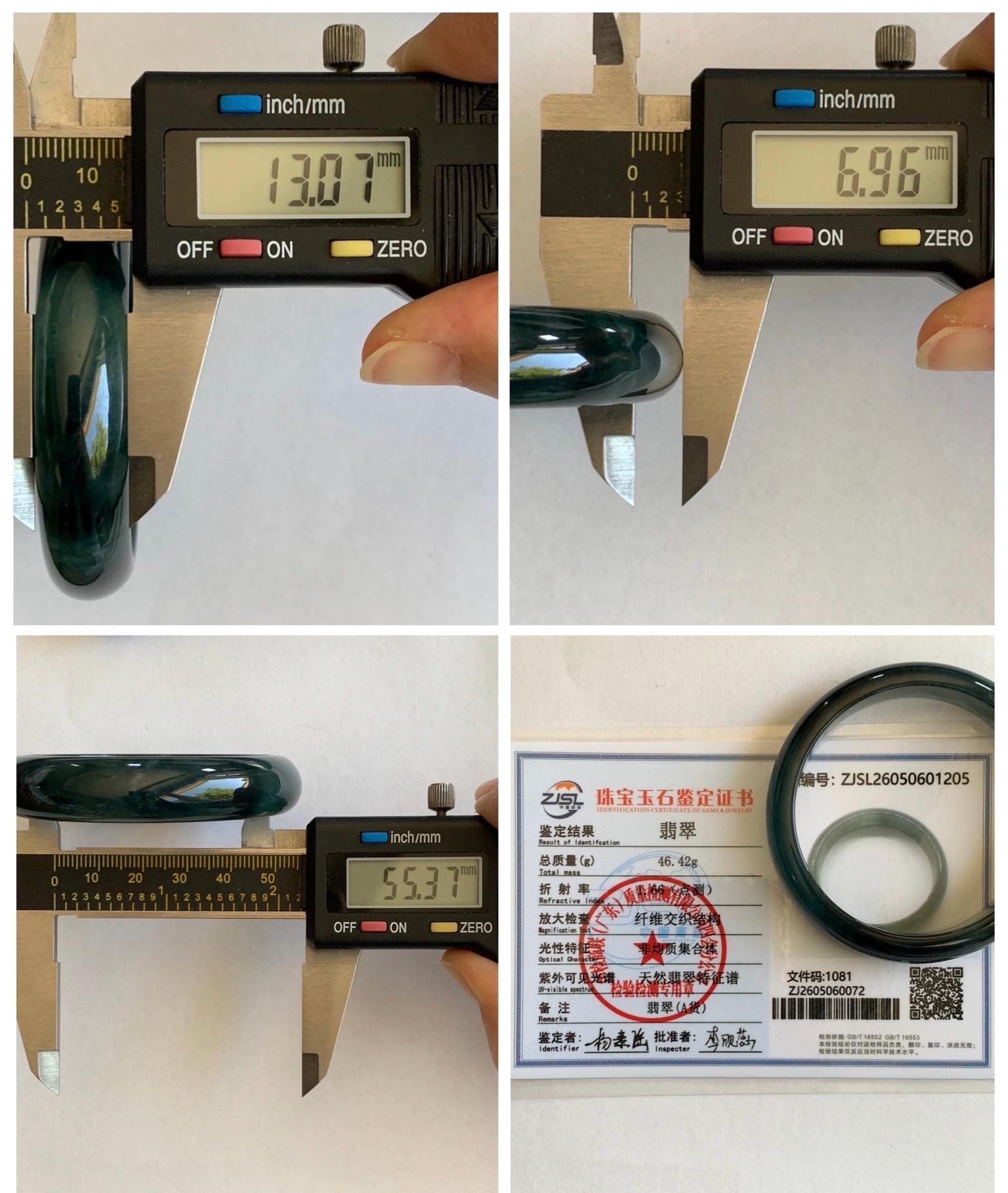 Certified Natural Grade A Guatemalan Icy Translucent Dark Teal Green Jade Jadeite Wide Bangle 55.37mm 6.84” 46.42g 天然冰危深蓝绿翡翠正圈宽版手镯 1205