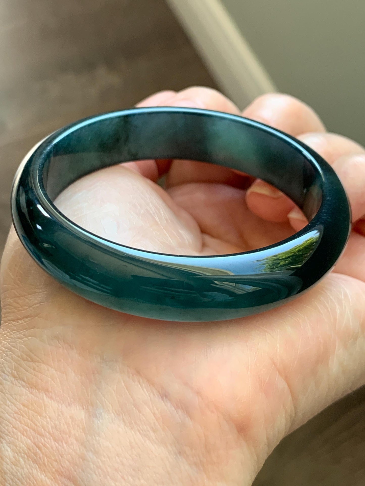 Certified Natural Grade A Guatemalan Icy Translucent Dark Teal Green Jade Jadeite Wide Bangle 55.37mm 6.84” 46.42g 天然冰危深蓝绿翡翠正圈宽版手镯 1205