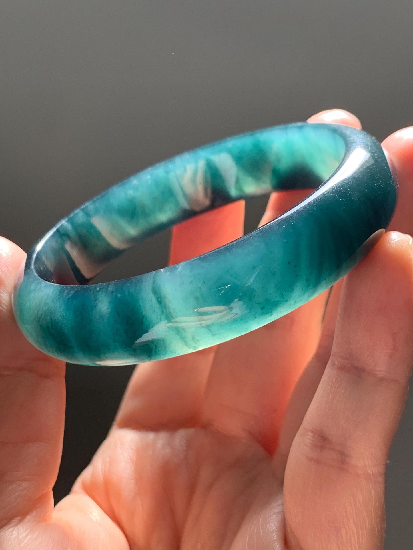 Certified Natural Grade A Guatemalan Icy Translucent Dark Teal Green Jade Jadeite Wide Bangle 55.37mm 6.84” 46.42g 天然冰危深蓝绿翡翠正圈宽版手镯 1205