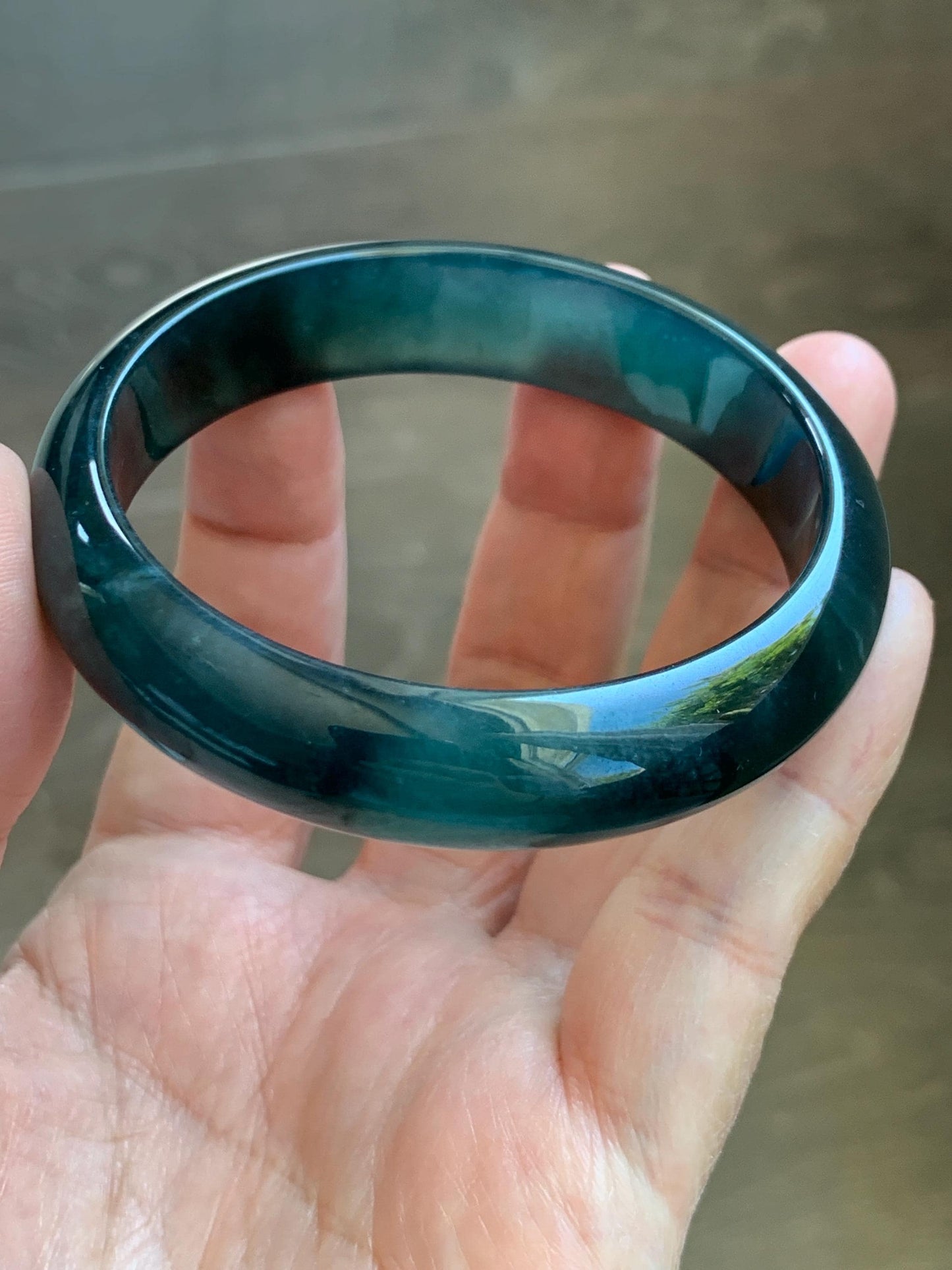 Certified Natural Grade A Guatemalan Icy Translucent Dark Teal Green Jade Jadeite Wide Bangle 55.37mm 6.84” 46.42g 天然冰危深蓝绿翡翠正圈宽版手镯 1205