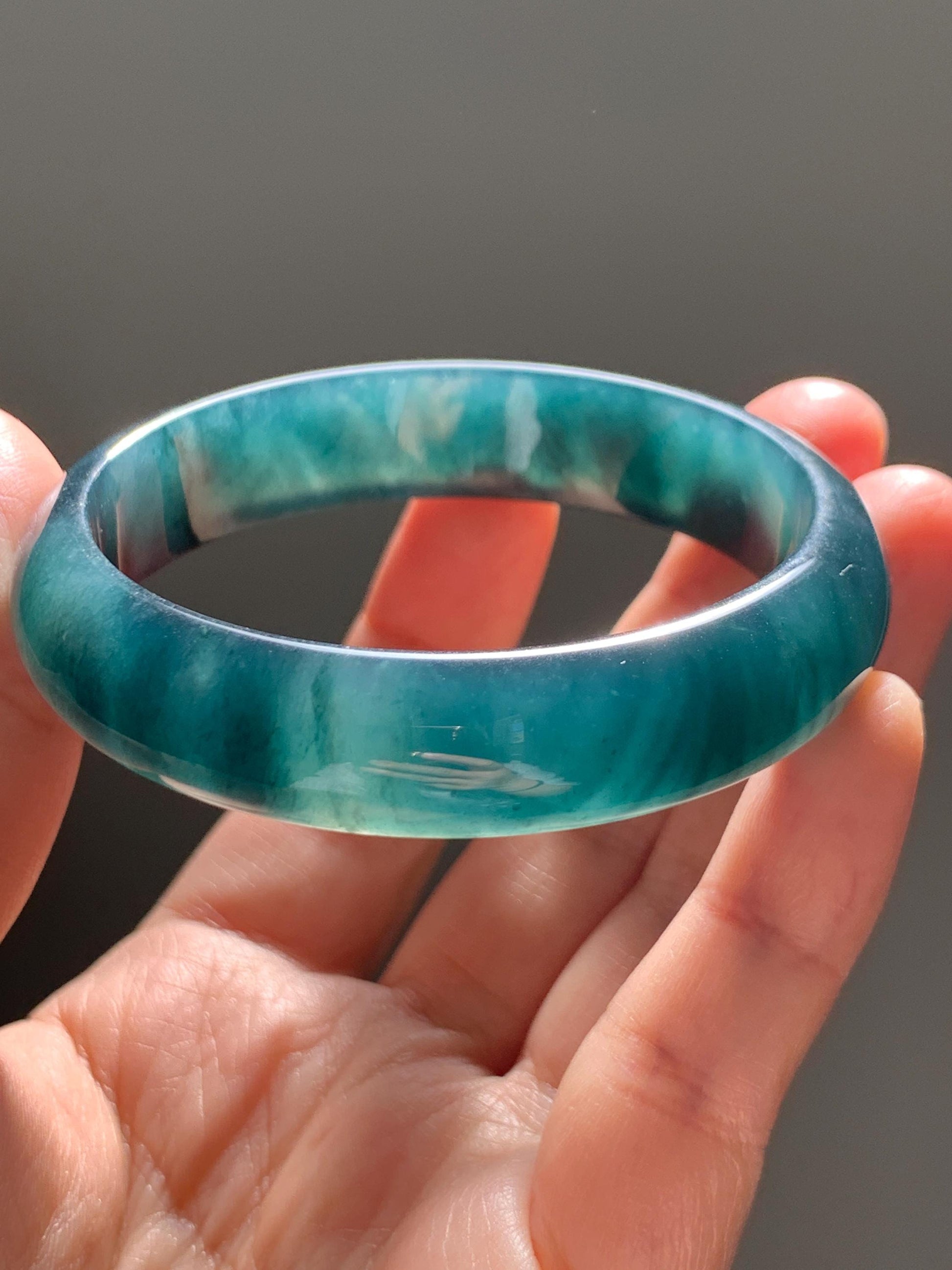Certified Natural Grade A Guatemalan Icy Translucent Dark Teal Green Jade Jadeite Wide Bangle 55.37mm 6.84” 46.42g 天然冰危深蓝绿翡翠正圈宽版手镯 1205