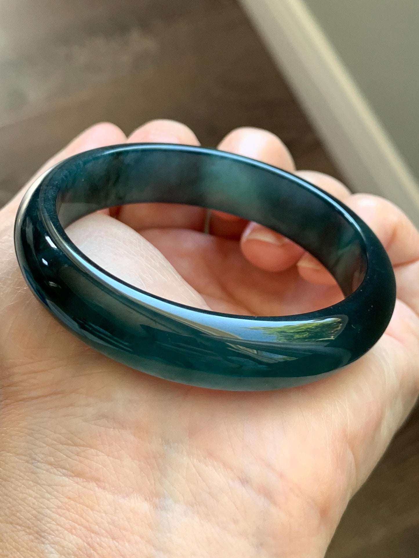 Certified Natural Grade A Guatemalan Icy Translucent Dark Teal Green Jade Jadeite Wide Bangle 55.37mm 6.84” 46.42g 天然冰危深蓝绿翡翠正圈宽版手镯 1205