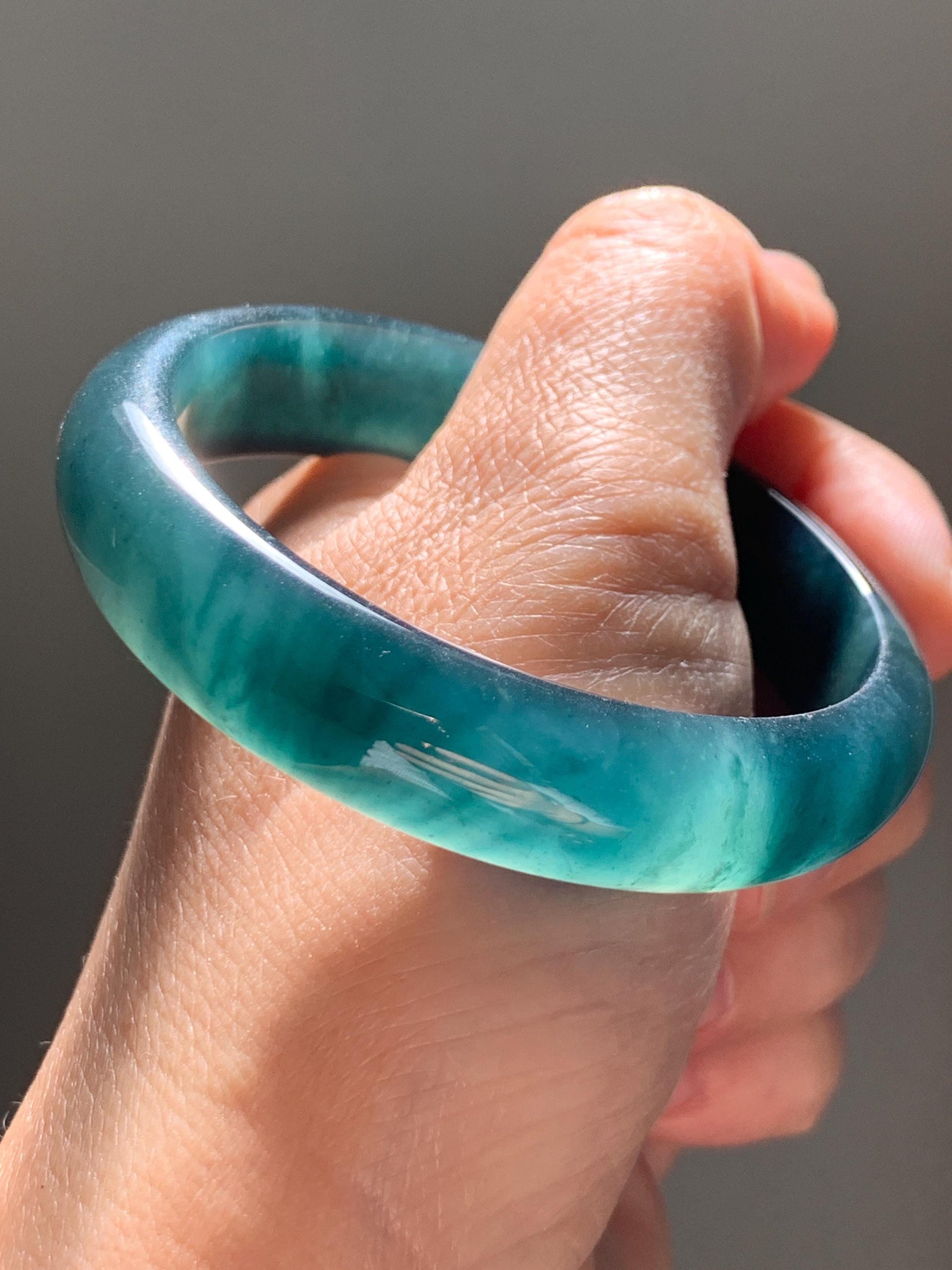 Certified Natural Grade A Guatemalan Icy Translucent Dark Teal Green Jade Jadeite Wide Bangle 55.37mm 6.84” 46.42g 天然冰危深蓝绿翡翠正圈宽版手镯 1205