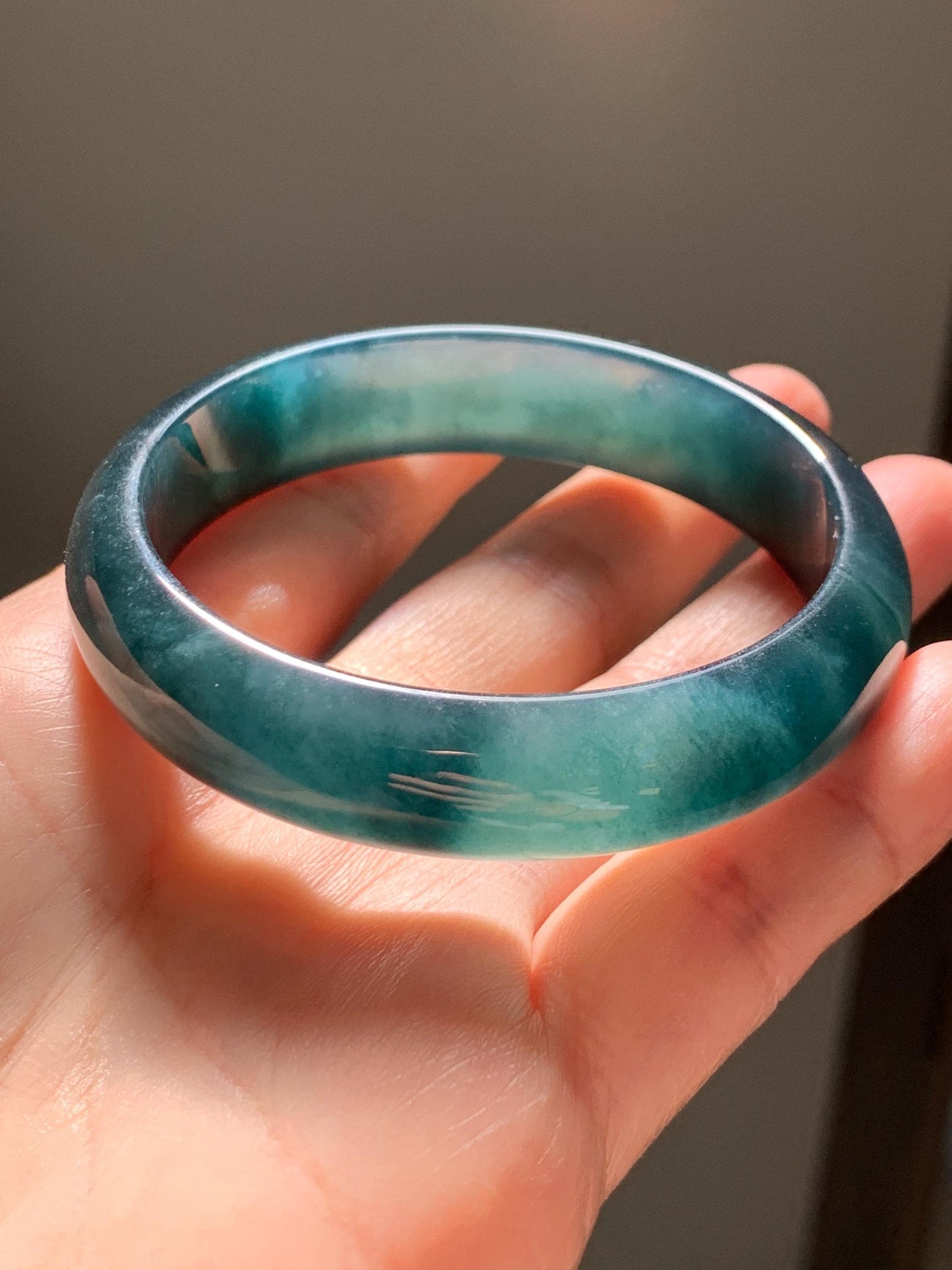 Certified Natural Grade A Guatemalan Icy Translucent Dark Teal Green Jade Jadeite Wide Bangle 55.37mm 6.84” 46.42g 天然冰危深蓝绿翡翠正圈宽版手镯 1205