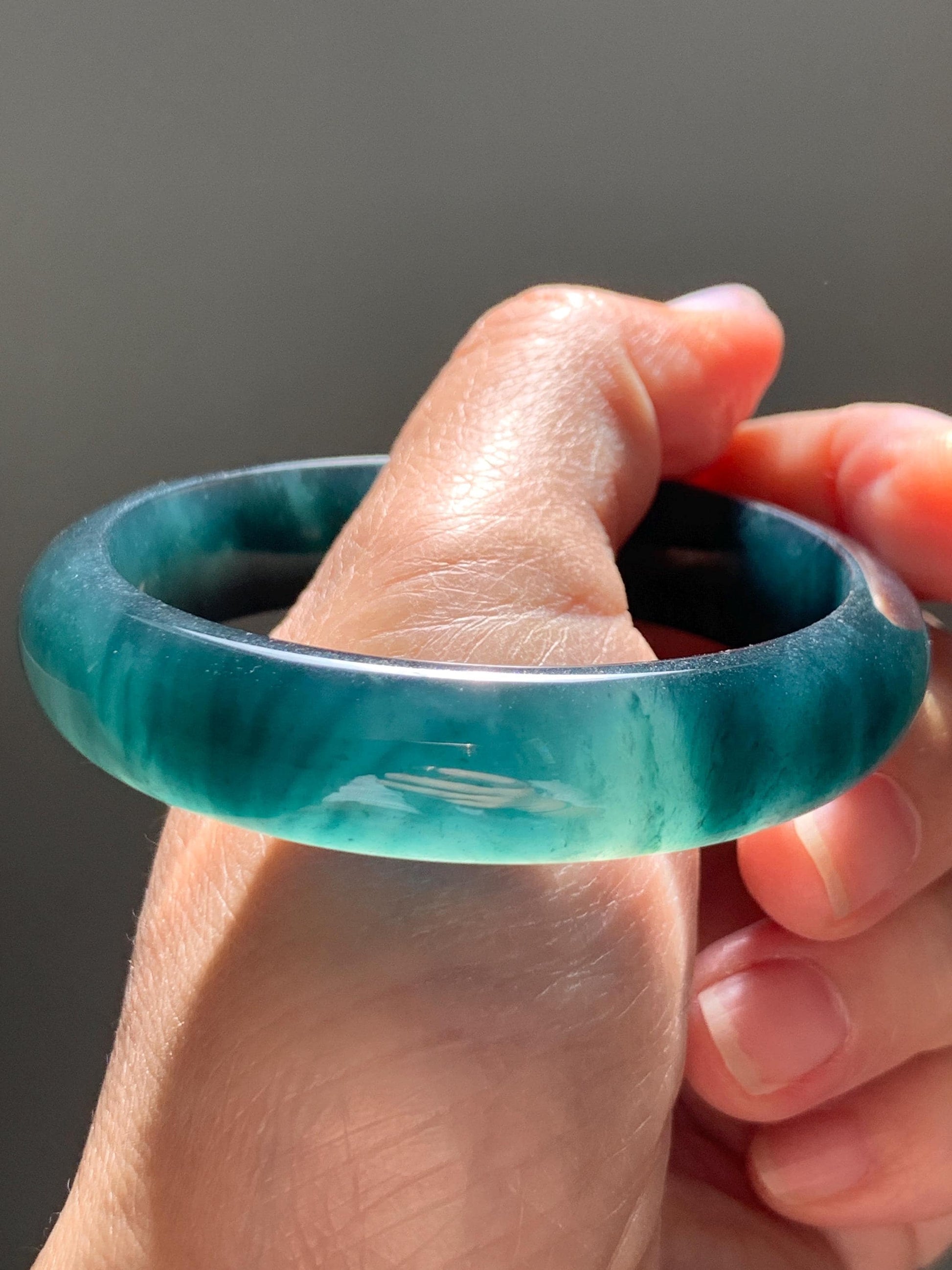 Certified Natural Grade A Guatemalan Icy Translucent Dark Teal Green Jade Jadeite Wide Bangle 55.37mm 6.84” 46.42g 天然冰危深蓝绿翡翠正圈宽版手镯 1205