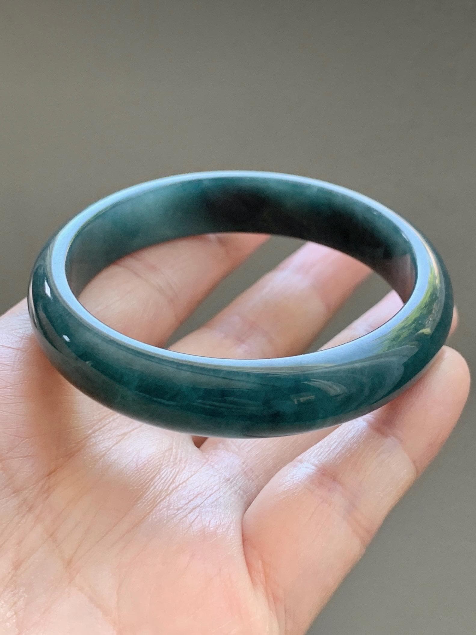 Certified Natural Grade A Guatemalan Icy Translucent Dark Teal Blue Jade Jadeite Wide Bangle 54mm 6.67” 40g 天然冰危蓝绿翡翠正圈宽版手镯 1226