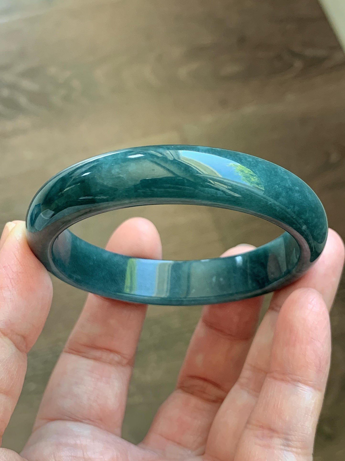Certified Natural Grade A Guatemalan Icy Translucent Dark Teal Blue Jade Jadeite Wide Bangle 54mm 6.67” 40g 天然冰危蓝绿翡翠正圈宽版手镯 1226