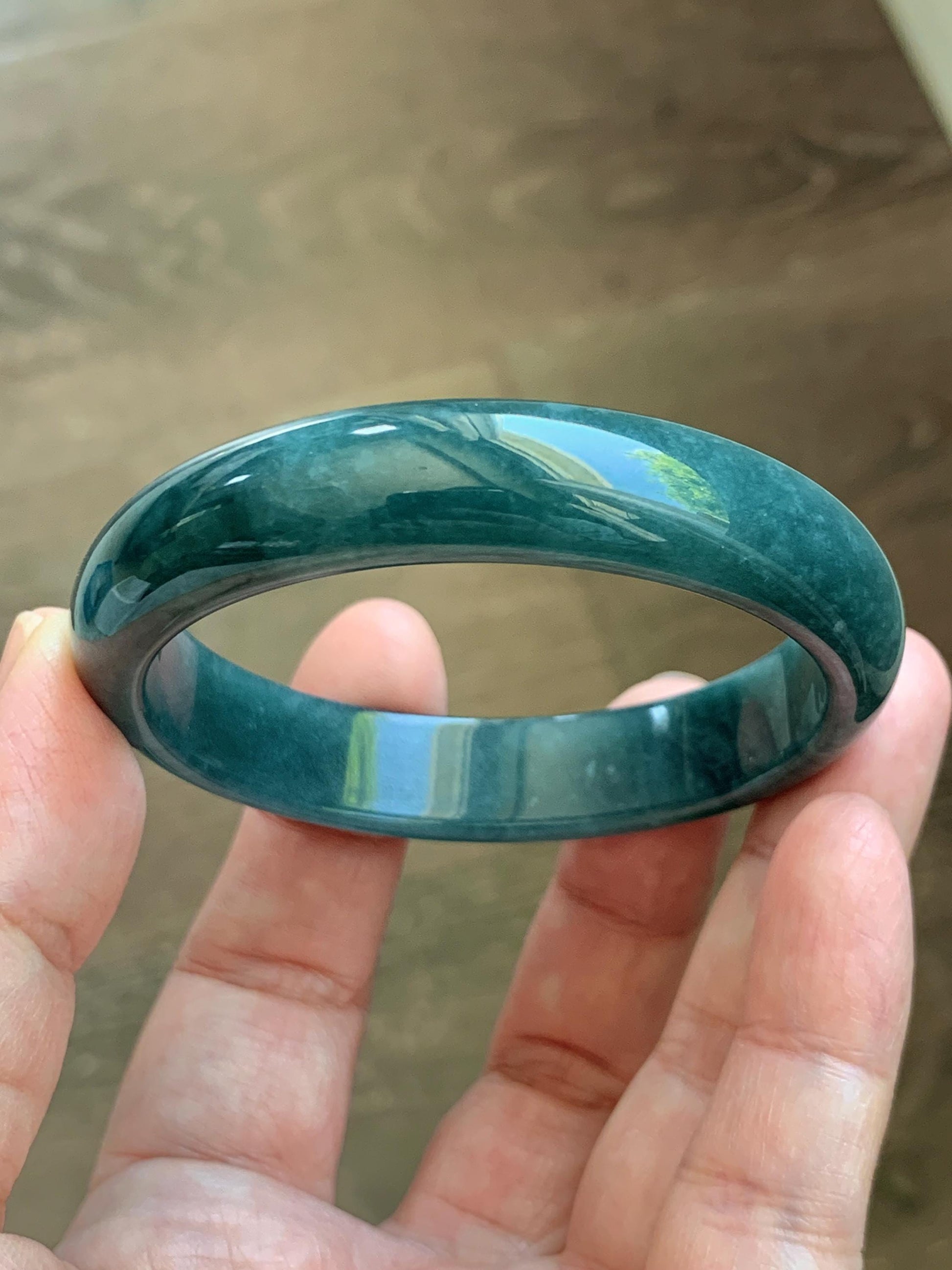 Certified Natural Grade A Guatemalan Icy Translucent Dark Teal Blue Jade Jadeite Wide Bangle 54mm 6.67” 40g 天然冰危蓝绿翡翠正圈宽版手镯 1226