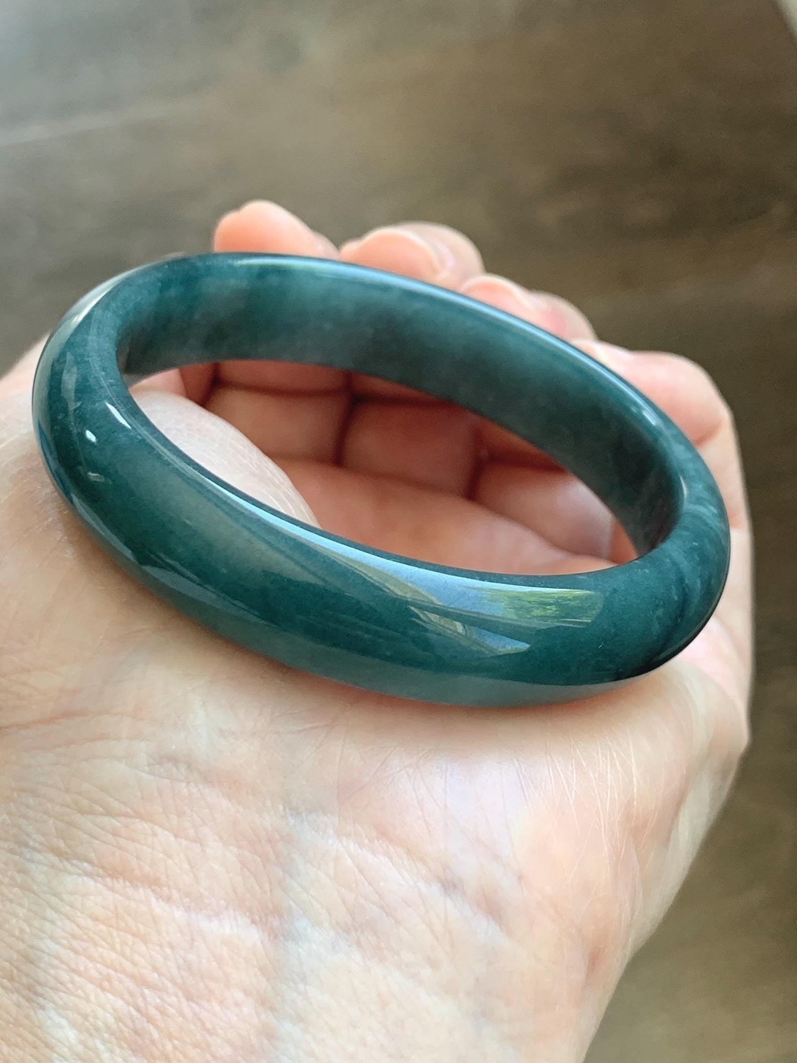 Certified Natural Grade A Guatemalan Icy Translucent Dark Teal Blue Jade Jadeite Wide Bangle 54mm 6.67” 40g 天然冰危蓝绿翡翠正圈宽版手镯 1226