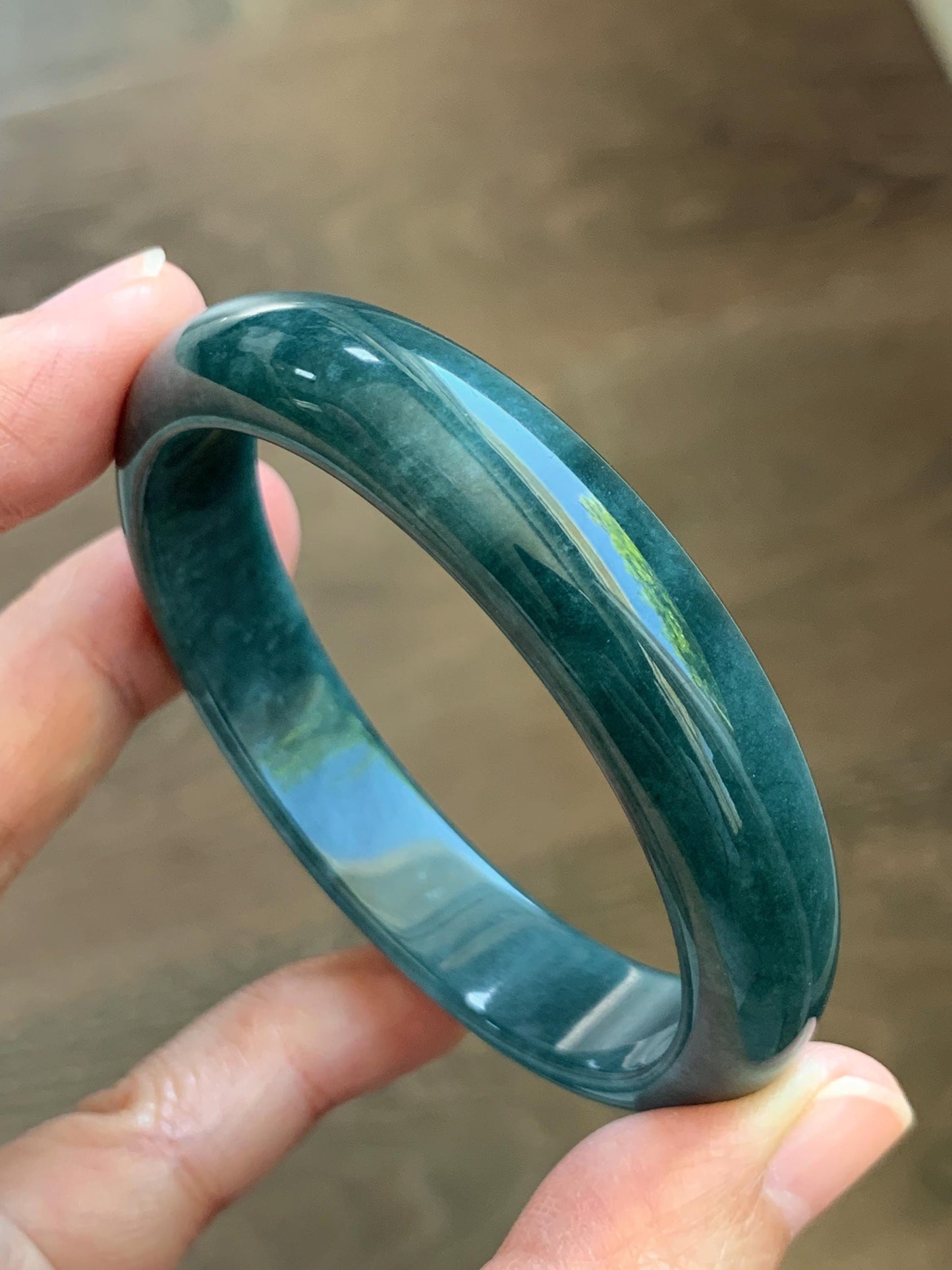 Certified Natural Grade A Guatemalan Icy Translucent Dark Teal Blue Jade Jadeite Wide Bangle 54mm 6.67” 40g 天然冰危蓝绿翡翠正圈宽版手镯 1226