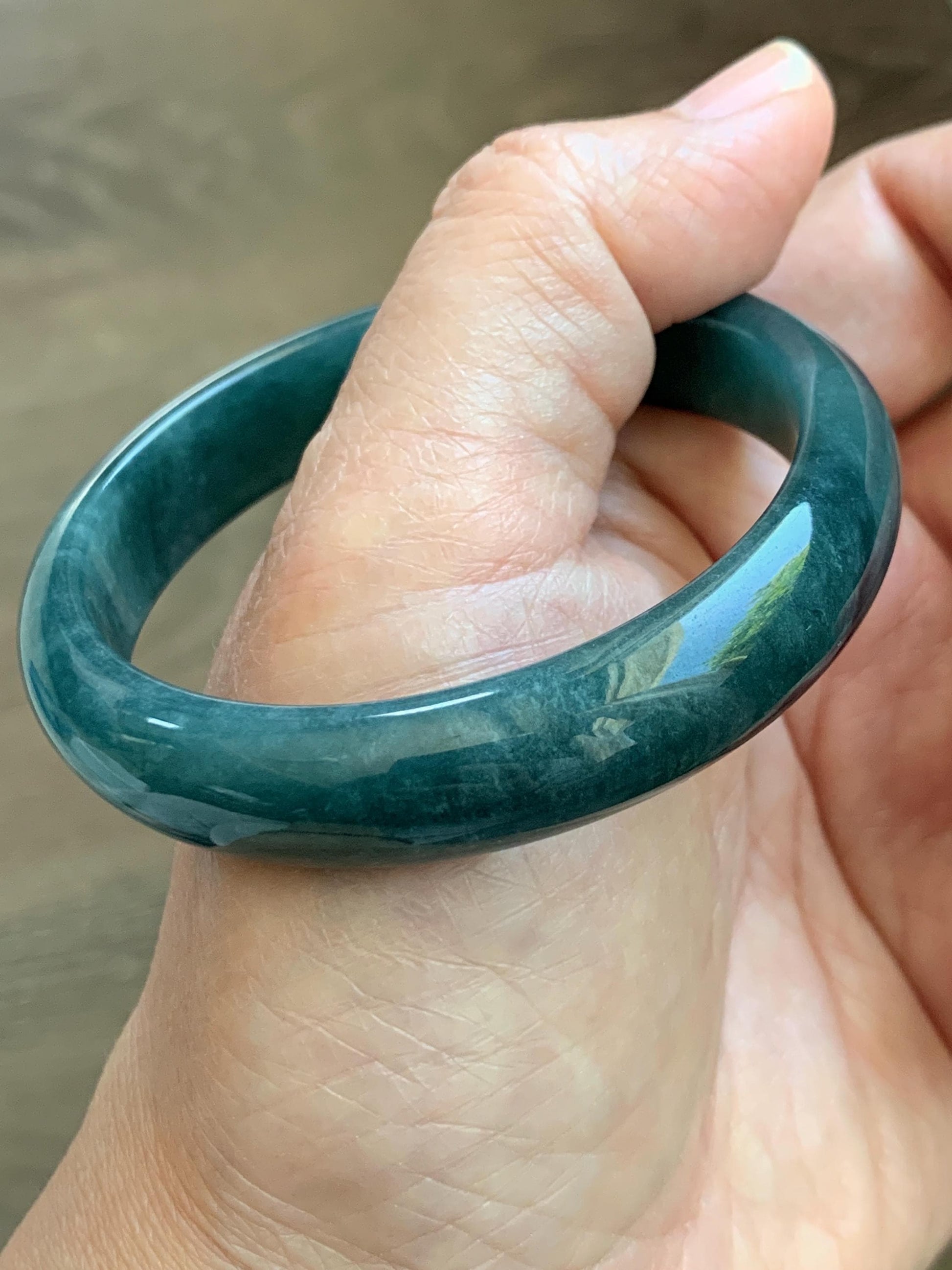 Certified Natural Grade A Guatemalan Icy Translucent Dark Teal Blue Jade Jadeite Wide Bangle 54mm 6.67” 40g 天然冰危蓝绿翡翠正圈宽版手镯 1226