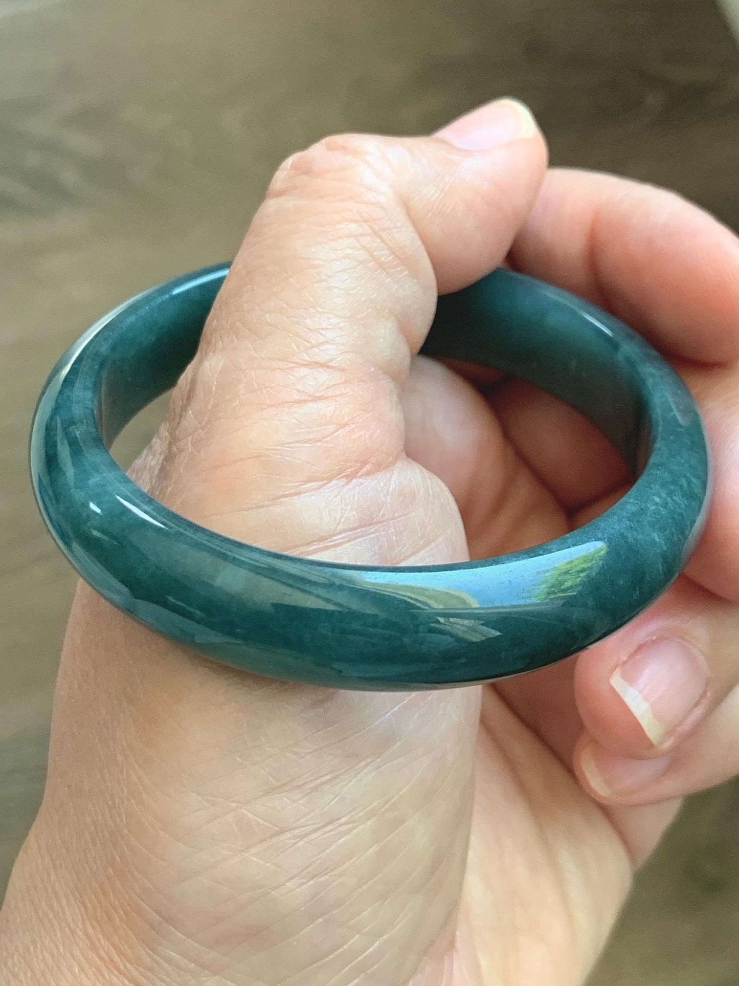Certified Natural Grade A Guatemalan Icy Translucent Dark Teal Blue Jade Jadeite Wide Bangle 54mm 6.67” 40g 天然冰危蓝绿翡翠正圈宽版手镯 1226