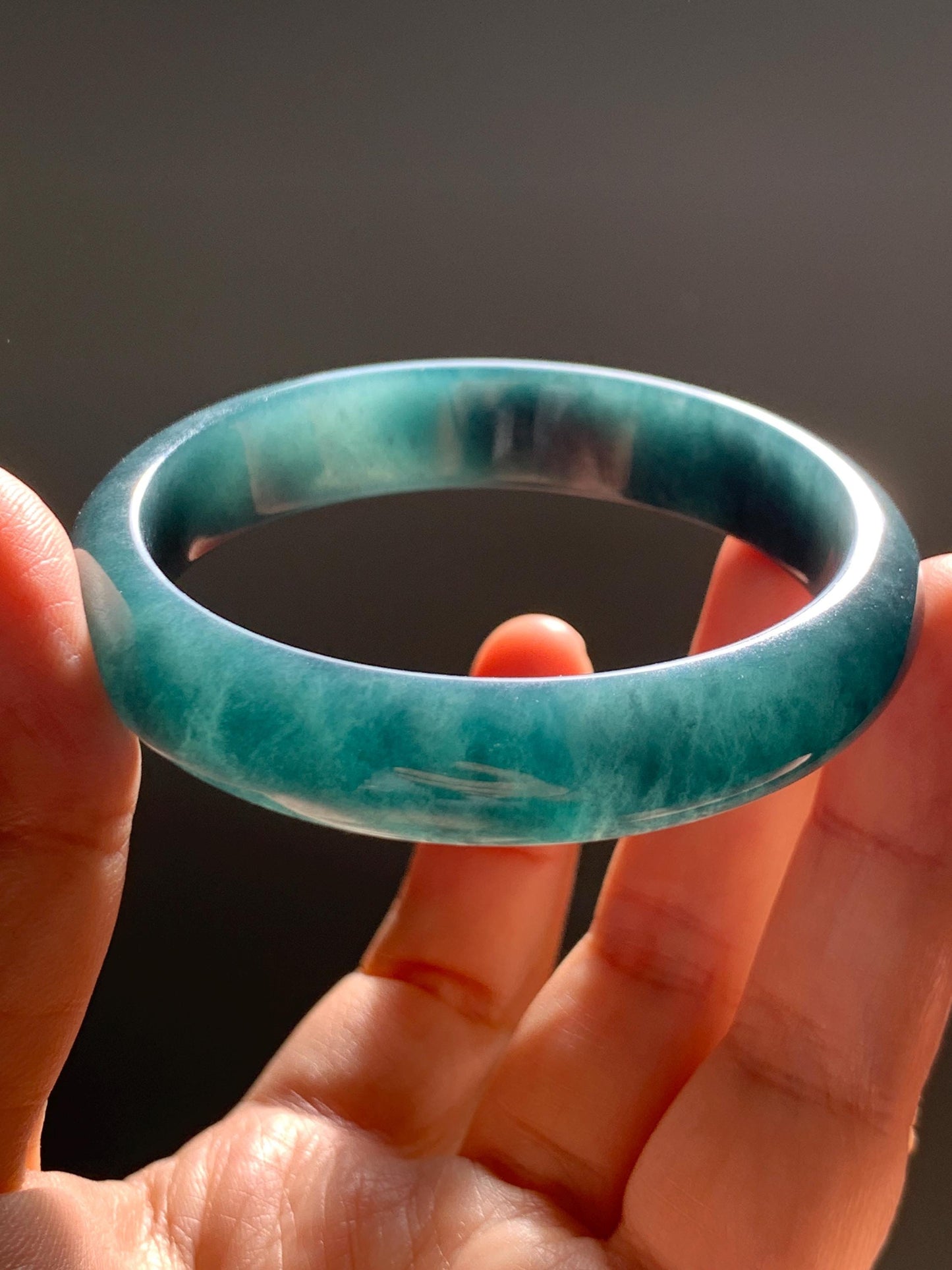 Certified Natural Grade A Guatemalan Icy Translucent Dark Teal Blue Jade Jadeite Wide Bangle 54mm 6.67” 40g 天然冰危蓝绿翡翠正圈宽版手镯 1226