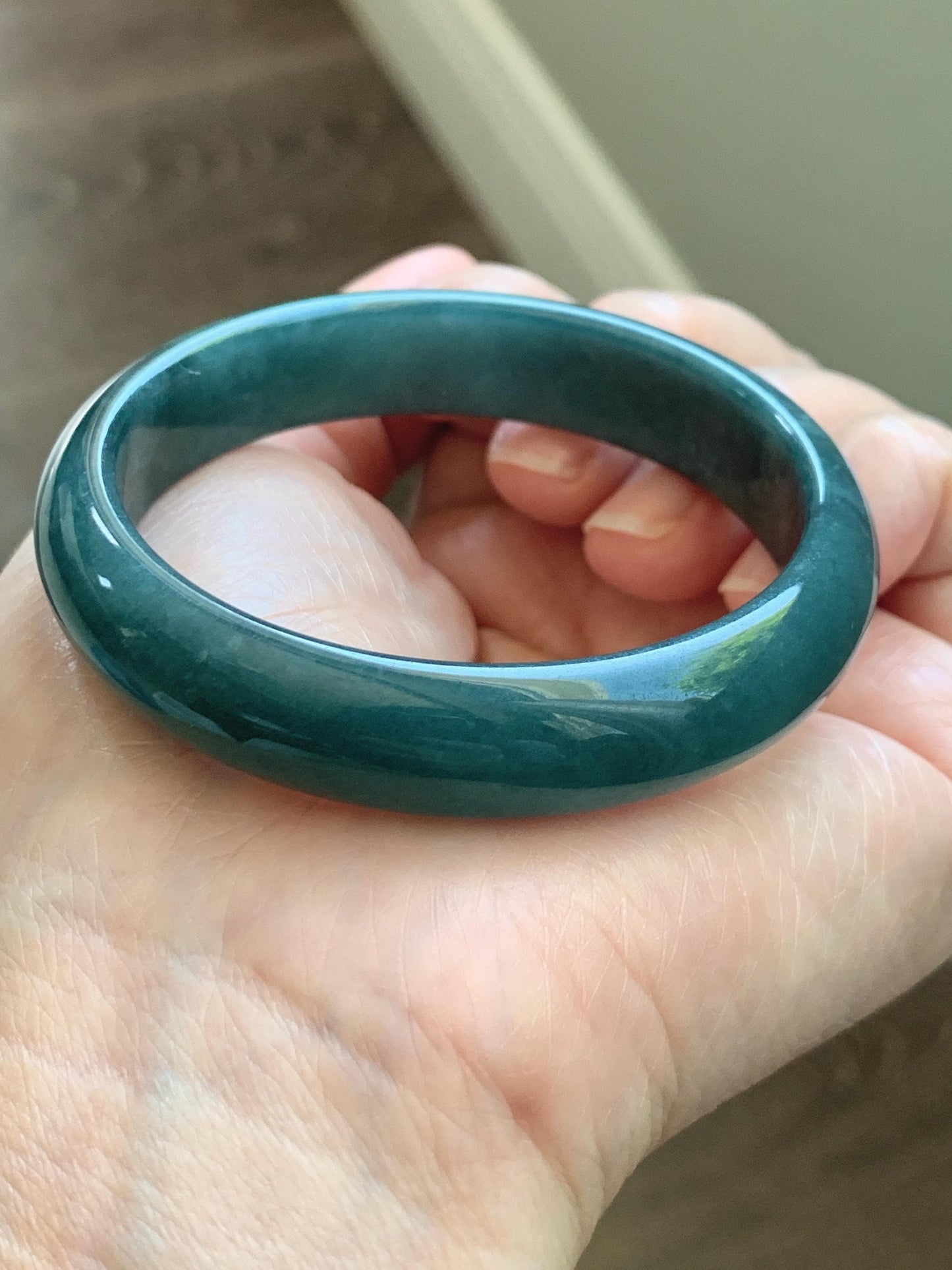 Certified Natural Grade A Guatemalan Icy Translucent Dark Teal Blue Jade Jadeite Wide Bangle 54mm 6.67” 40g 天然冰危蓝绿翡翠正圈宽版手镯 1226