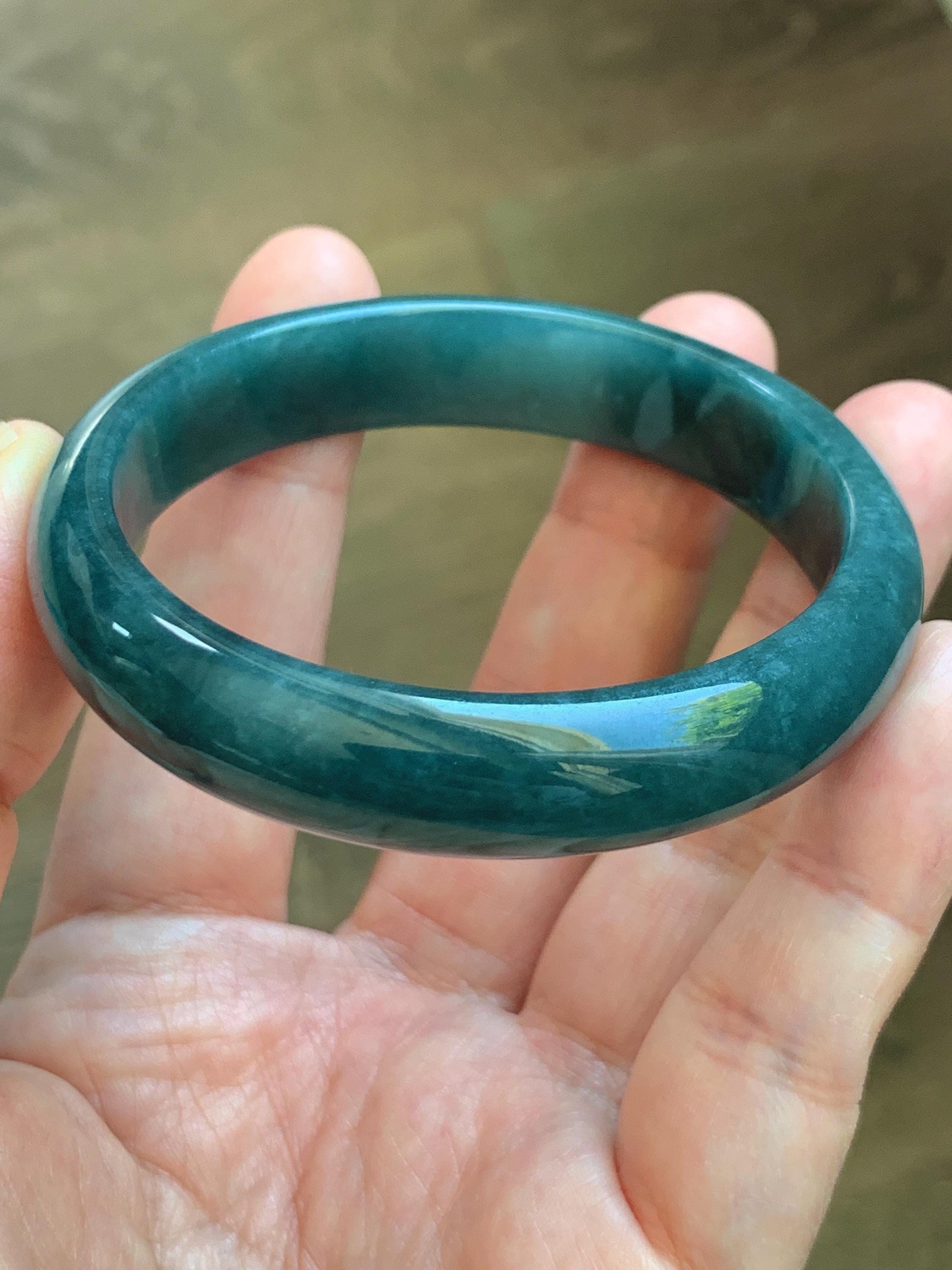 Certified Natural Grade A Guatemalan Icy Translucent Dark Teal Blue Jade Jadeite Wide Bangle 54mm 6.67” 40g 天然冰危蓝绿翡翠正圈宽版手镯 1226