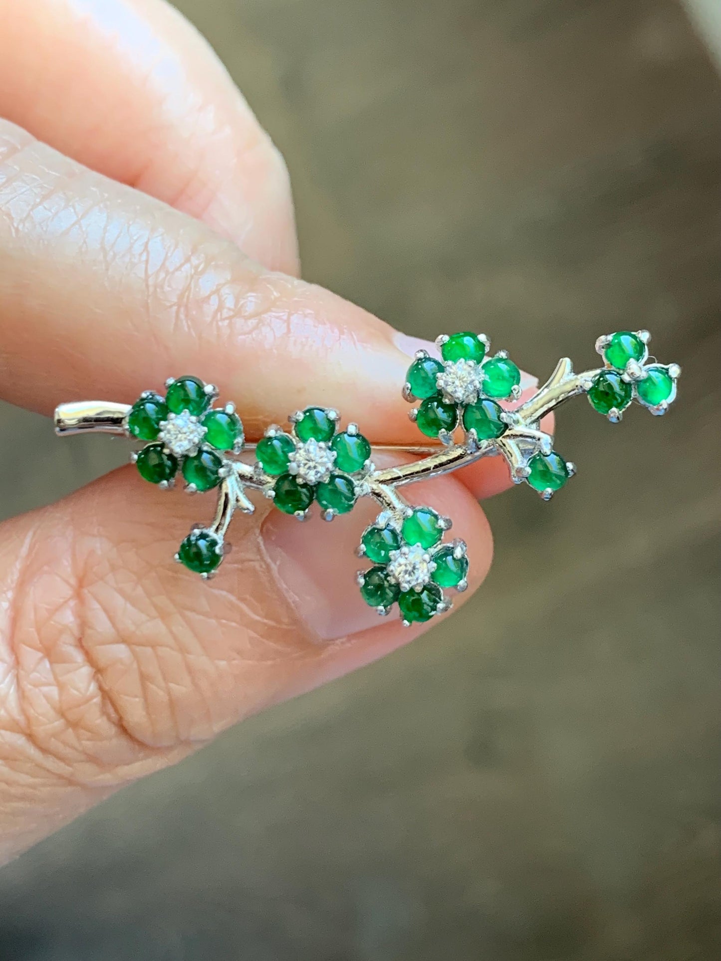 Certified Natural Grade A Guatemalan Icy Translucent Vibrant Green Jade Jadeite Cherry Blossom Brooch Sterling Silver 3.2g 天然冰危绿翡翠银镶梅花枝胸针251