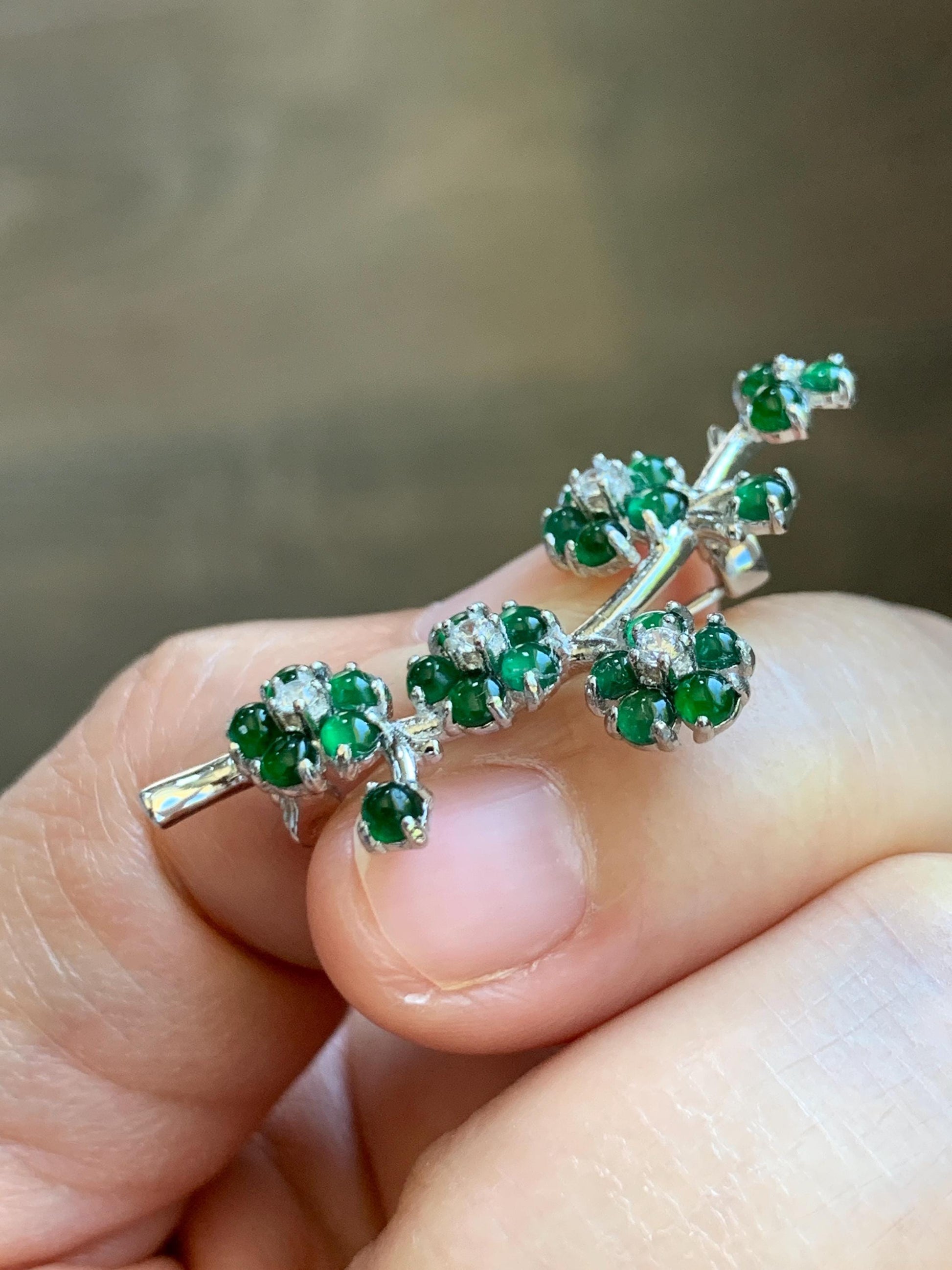 Certified Natural Grade A Guatemalan Icy Translucent Vibrant Green Jade Jadeite Cherry Blossom Brooch Sterling Silver 3.2g 天然冰危绿翡翠银镶梅花枝胸针251