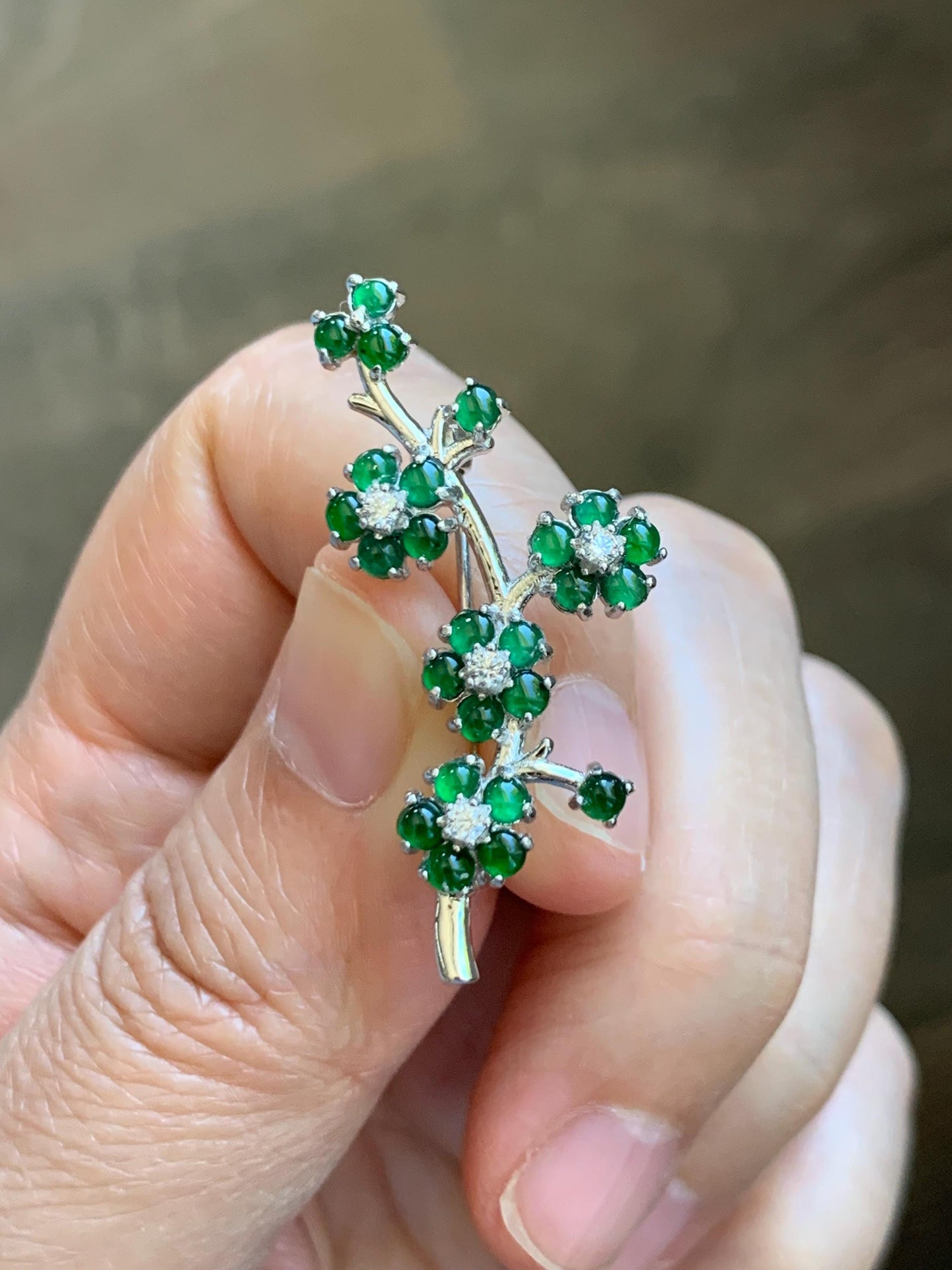 Certified Natural Grade A Guatemalan Icy Translucent Vibrant Green Jade Jadeite Cherry Blossom Brooch Sterling Silver 3.2g 天然冰危绿翡翠银镶梅花枝胸针251