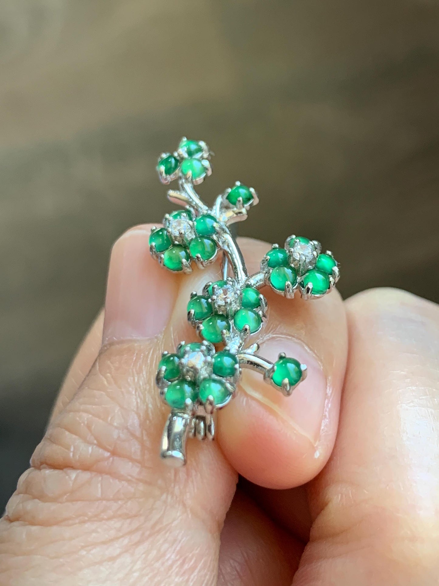 Certified Natural Grade A Guatemalan Icy Translucent Green Jade Jadeite Cherry Blossom Brooch Sterling Silver 3.19g 天然冰危绿翡翠银镶梅花枝胸针 252