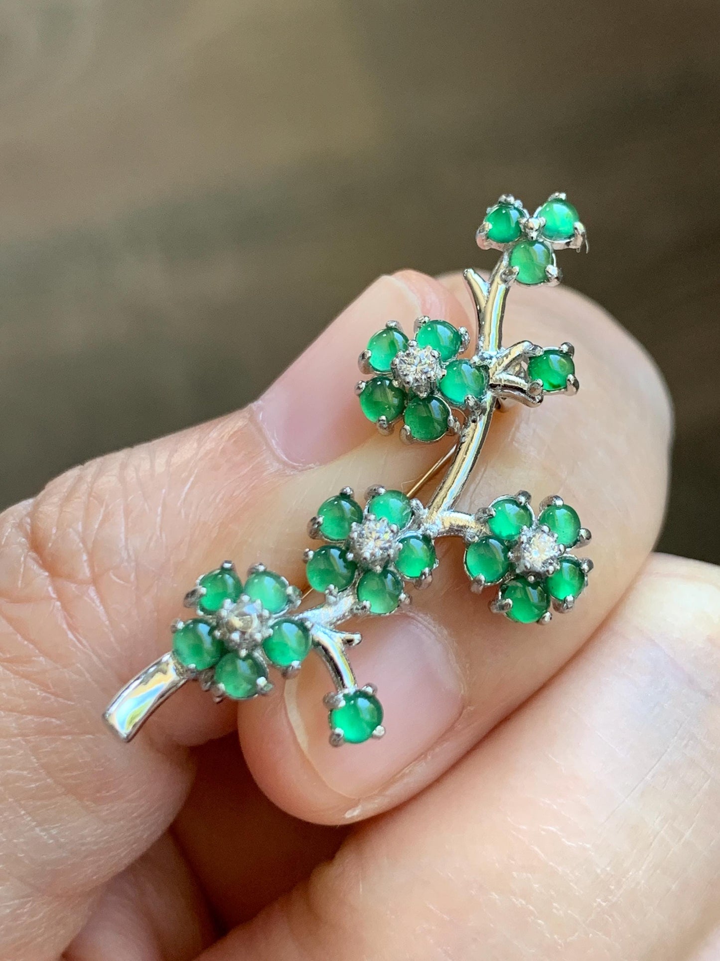 Certified Natural Grade A Guatemalan Icy Translucent Green Jade Jadeite Cherry Blossom Brooch Sterling Silver 3.19g 天然冰危绿翡翠银镶梅花枝胸针 252