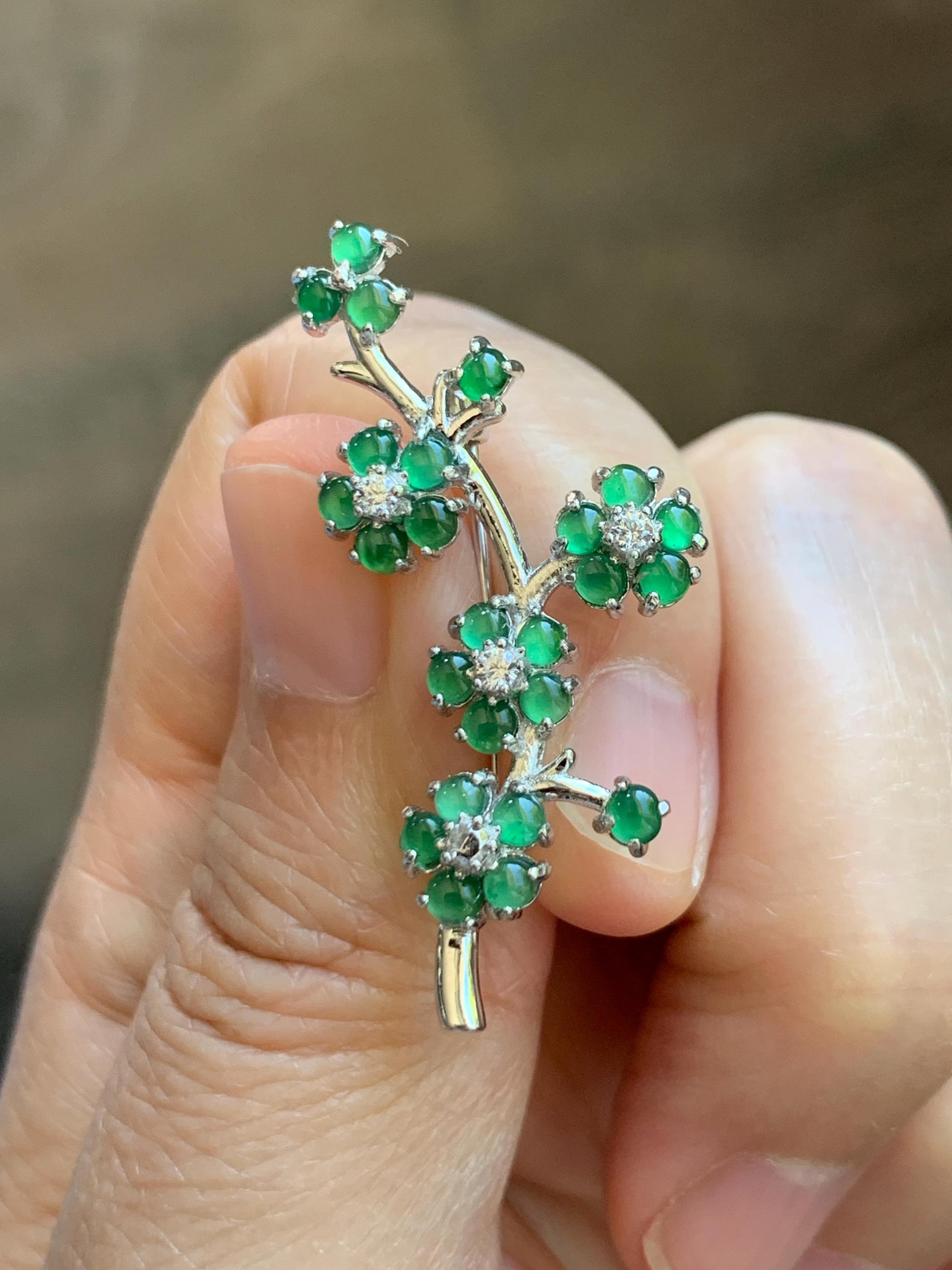 Certified Natural Grade A Guatemalan Icy Translucent Green Jade Jadeite Cherry Blossom Brooch Sterling Silver 3.19g 天然冰危绿翡翠银镶梅花枝胸针 252
